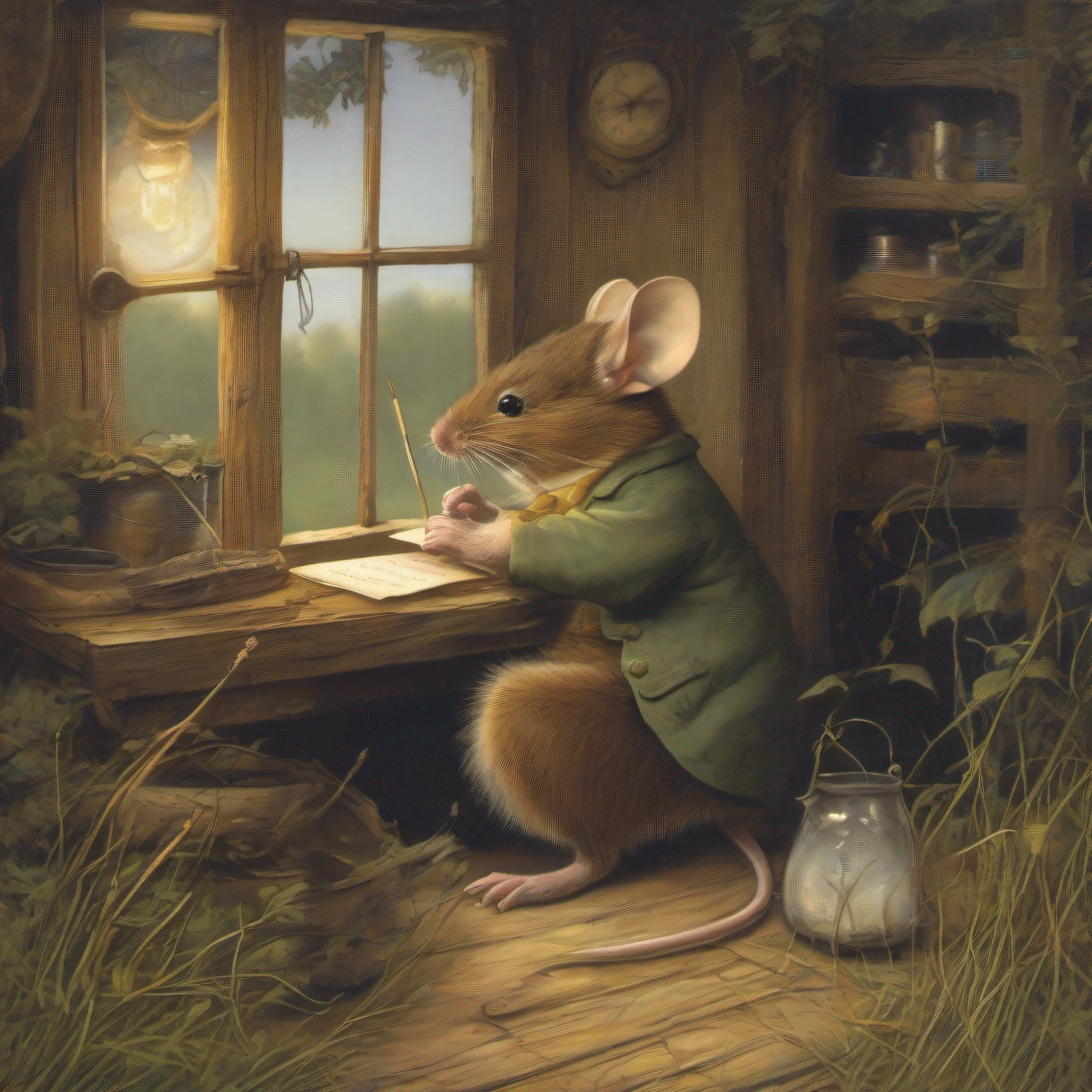 The old country cabin creaked softly in the gentle night breeze. Moonlight streamed in through the round windowpane, casting a pale glow over the worn wooden floorboards. Curled up on a rag rug in the corner was a tiny mouse, busily working away. With his tiny paws he carefully held a toothpick, using it to dip into an open sharpie lying next to him. His nose twitched as he concentrated, using the toothpick like a pen to write in minuscule letters on a scrap of paper. The inky words were too small for anyone but him to read. After finishing his writing, the mouse tucked the paper into a small tin can attached to a spool of thread. He then skillfully tied one end of the string to the can, using his sharp teeth to pull the knots tight. Standing on his hind legs, the mouse cast the can out the window, sending it rappelling down the outside wall of the cabin on its thread. Fireflies blinked in the moonlit field nearby as the mouse's makeshift letter disappeared into the long grass, headed for another tiny creature somewhere in the night.
