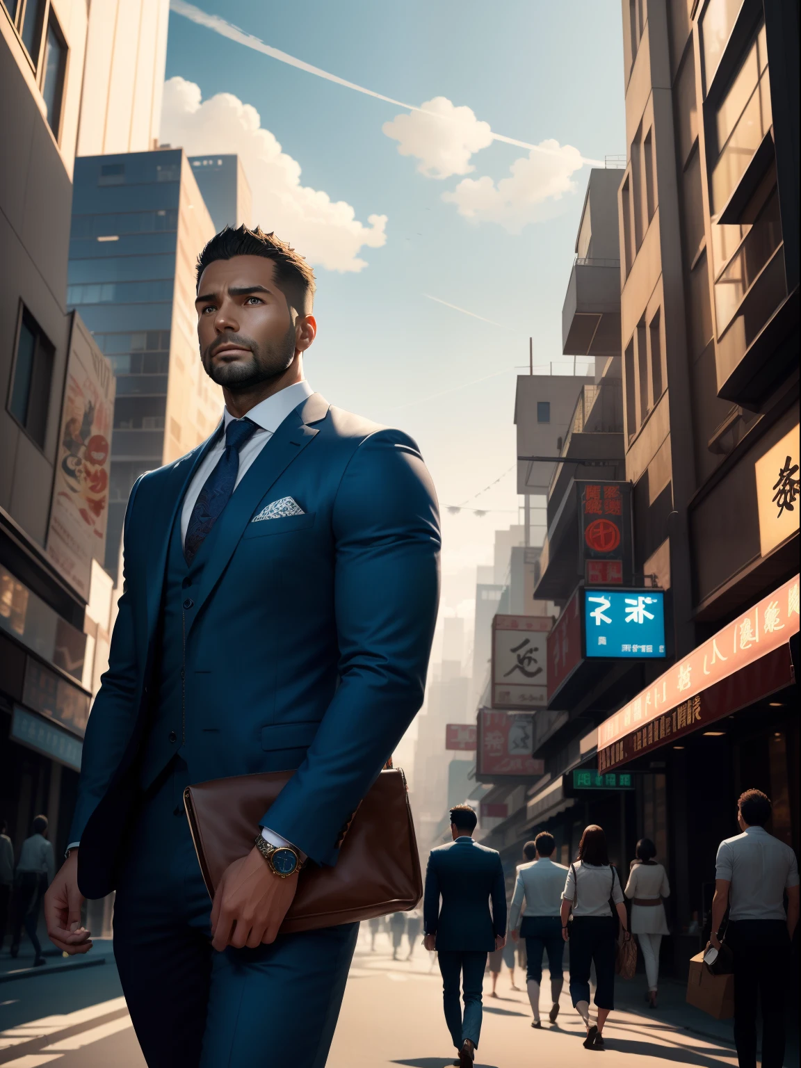 (Masterpiece) Extremely quality, hyper detailed illustration, Ultra-high resolution, Interpret the handsome image of a handsome 36-year-old man，The suit is straight，mature。Muscular，showing whole body，Short hair and inadequate trimming of stubble，In a surreal high-rise sci-fi city。with blue sky and white clouds，Background crowds gather for a walk，Street background details are exquisite，The scene is surreal，Create an enchanting graphic style，fantasy，lamplight，realisticlying， The is very detailed， 复杂， high detal，独奏