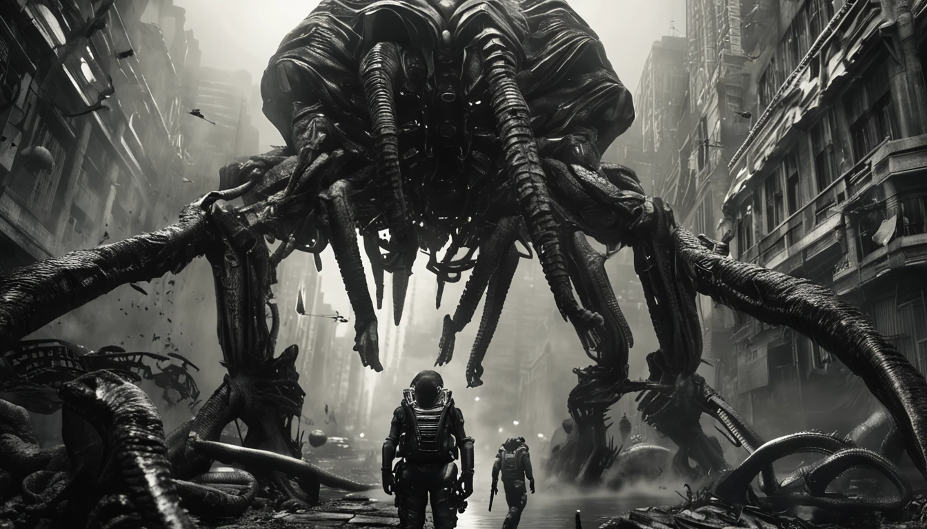( many Xenomorph Invasion:1.45),(science fiction:1.2) city,Aerial view,Concept art,sky,xenomorph warrior, character, wet plate collodion, sharp, high detail, Mathew Brady, portrait, in the style of stefan gesell and emil melmoth and hr giger and klimt,Science Fiction World Magazine cover style,concept design,octane rendering,science fiction punk,(Symbol,voice,death,war,reason,decline,understanding,answer),(The Garden of Eden and Paradise Lost:1.15),The all-out war between the alien world and aliens,all kinds of high-tech weapons,art by Arthur Charles Clarke,Robert Anson Heinlein,Isaac Asimov,