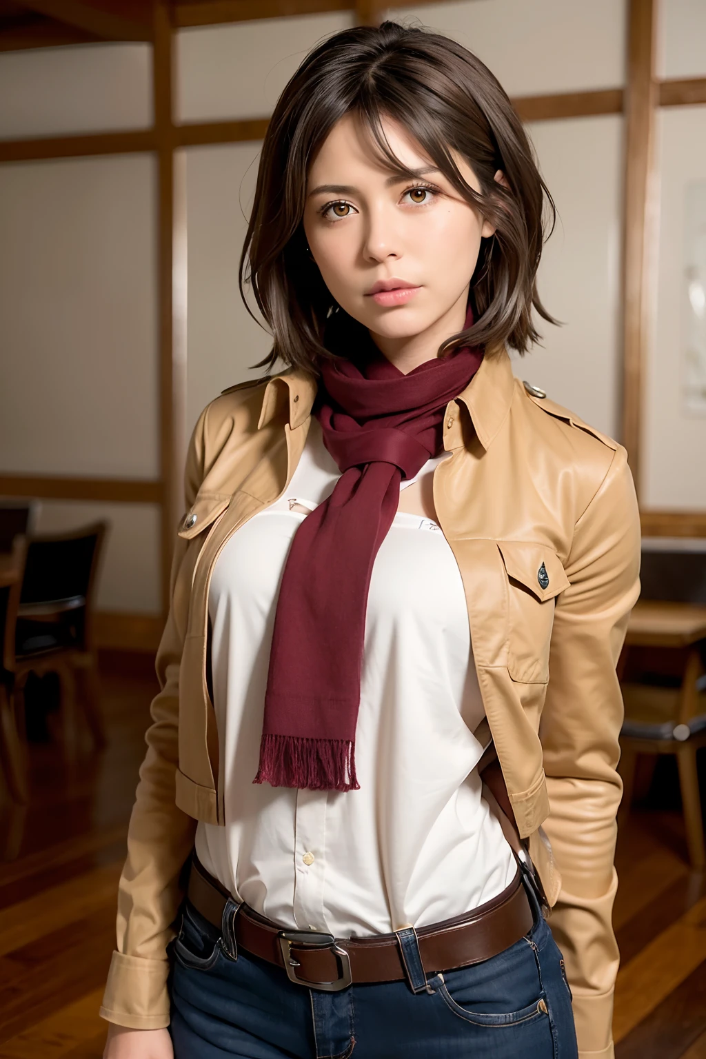 best quality, ultra high res, (photorealistic:1.4), 1girl, mikasa ackerman, short dark brown hair, white shirt, red scarf, brown jacket, ??????????? trousers, brown tight shawl tied to waist, looking at viewer, full body shot, serious face, dark brown eyes, sharp stare eyes, army background, holding sword pose, realistic