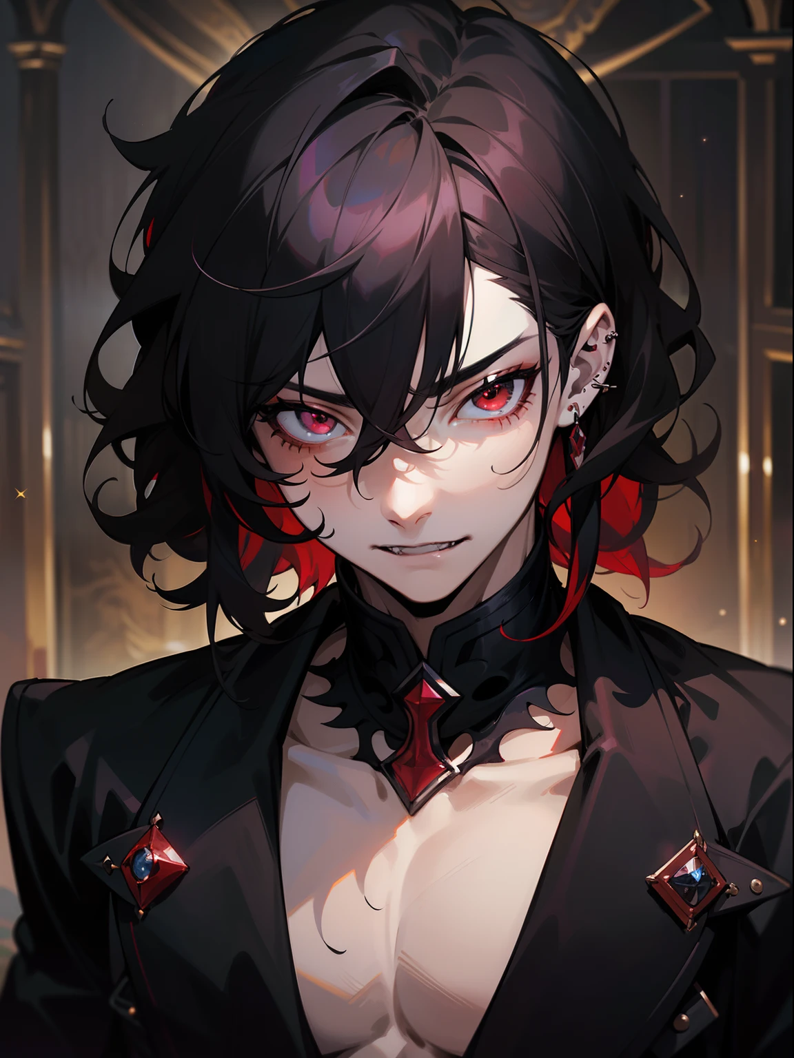 (masterpiece, best quality), intricate details, 8k, sharp focus, (best quality) (detailed skin:1.3) (intricate details) (8k) (detailed eyes) (anime) male character, wavy hair, mullet, short hair, black hair, red eyes, male, anime male, frontage, lovely boy, perfect face, detailed eyes, bold background, detailed accessories, unique outfit, sharp eyes, male, young man, idol, dark colours, piercings, pale skin, vampire, fangs, defined features, model, Rei Sakuma, Sakuma Rei, gothic, artistic, symbolism, sexy, falling stars, dark clothes, dark room, muscular, cluttered room, indoors, detailed background, bold colours, bold outlines, sharp face, nighttime, night