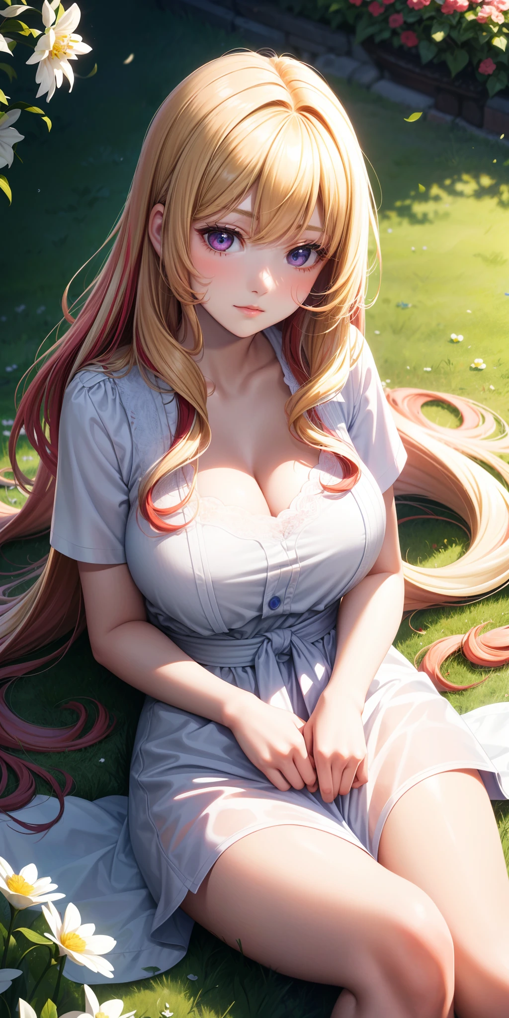 big breasts, ((1girl)), ((blonde hair with red highlights, long wavy hair with bangs)) ((1girl, solo)) ((25 years old)) purple eyes, has an extremely sexy body, with breasts Full and thin waist, and an extremely sexy body, short sleeve blouse set with delicate fabric, has a bold look. young, quality, realistic, great quality, ((((perfect face)))) cute expression, soft lips, calm expression, absent-minded, park, grass garden in the distance, lying on delicate woven cloth contemplating the sky, flowers, sunny day , clouds, viewer view from above