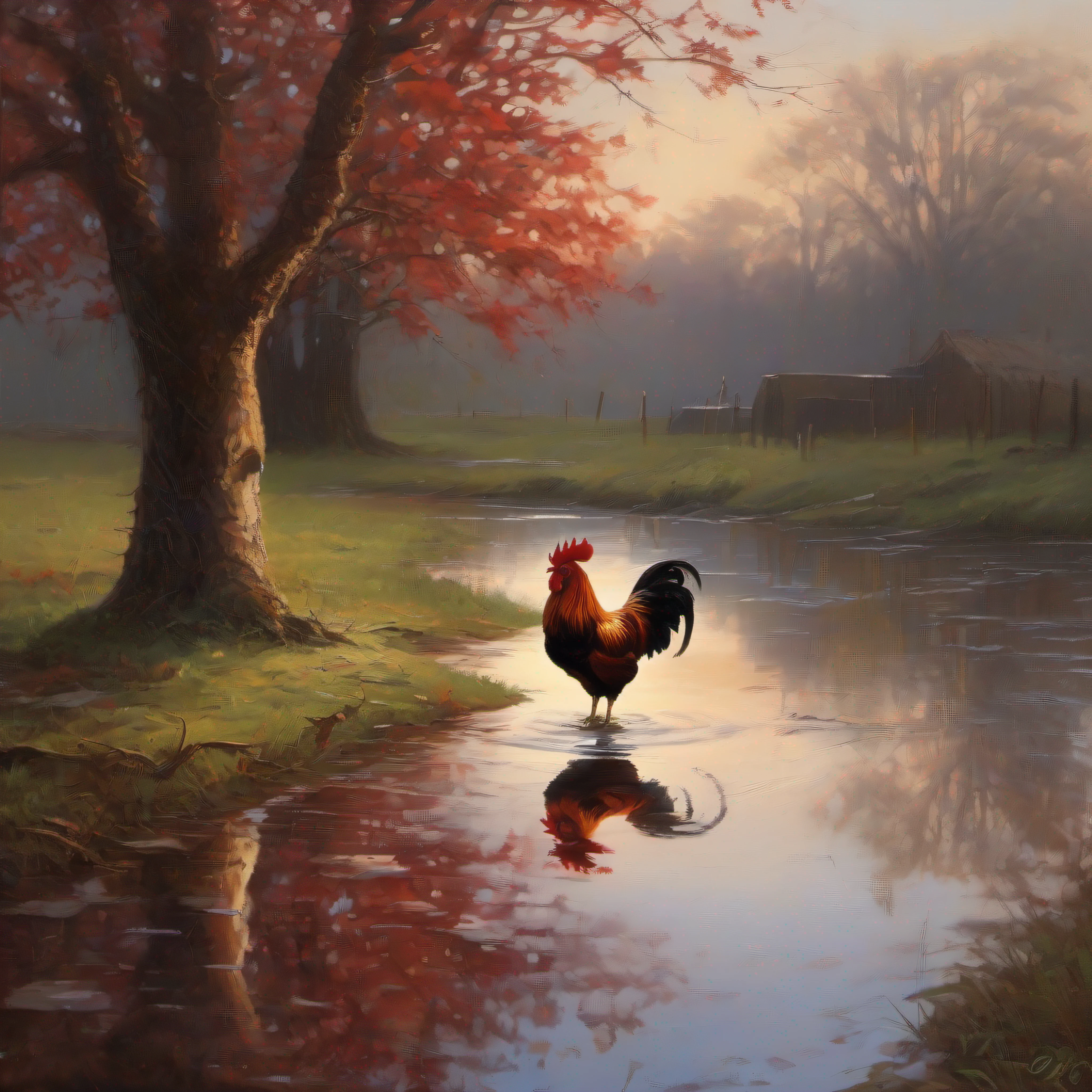 The morning sun peeked over the horizon, casting its soft dawn light across the farm. A lone rooster stood next to a large oak tree, peering down curiously at a small puddle near the base of the trunk. The puddle had formed from the rain showers the night before, the water reflecting the gradually brightening sky overhead. Rustling his feathers, the rooster leaned closer to examine his reflection in the pool, his crimson comb casting a faint reddish tinge on the water's surface. Suddenly, a drop of water fell from the tree branches above, creating a ripple through the puddle that distorted the rooster's image. The rooster jumped back in surprise, letting out an alarmed crow. Across the yard, an electrical outlet on the side of the old red barn flickered on, signalling the start of a new day. Paying no mind, the rooster continued his fascinated study of the shimmering puddle, awaiting the morning sun to fully illuminate the farm with its warm glow.