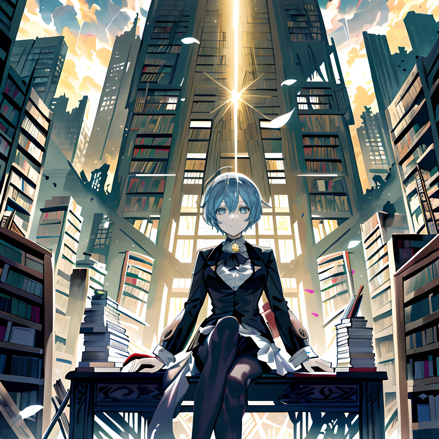 PremiumQuality，tmasterpiece，blonde eyes, light blue short hair,Anime girl in black pantyhose sitting in the middle of a mountain of books in a library reading, anime key visual of elegant, Best anime 4k konachan wallpaper, Angela, 2 b, From the Library of Ruins, Ruins Library CG, alchemist library background, fate grand order, offcial art, Ruined library style, inspired by Li Chevalier, The destroyed library world，The seed of the light emitted