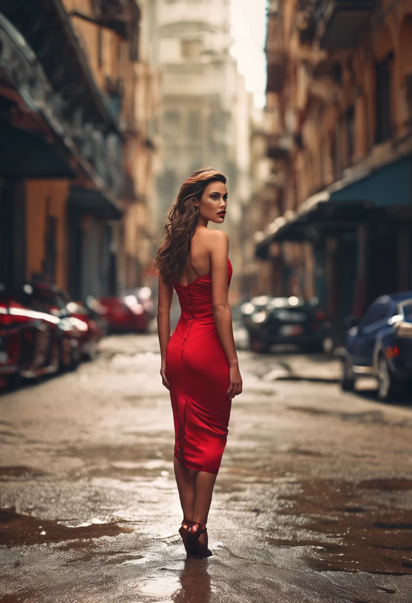 A woman in a red dress walking down a wet street - SeaArt AI