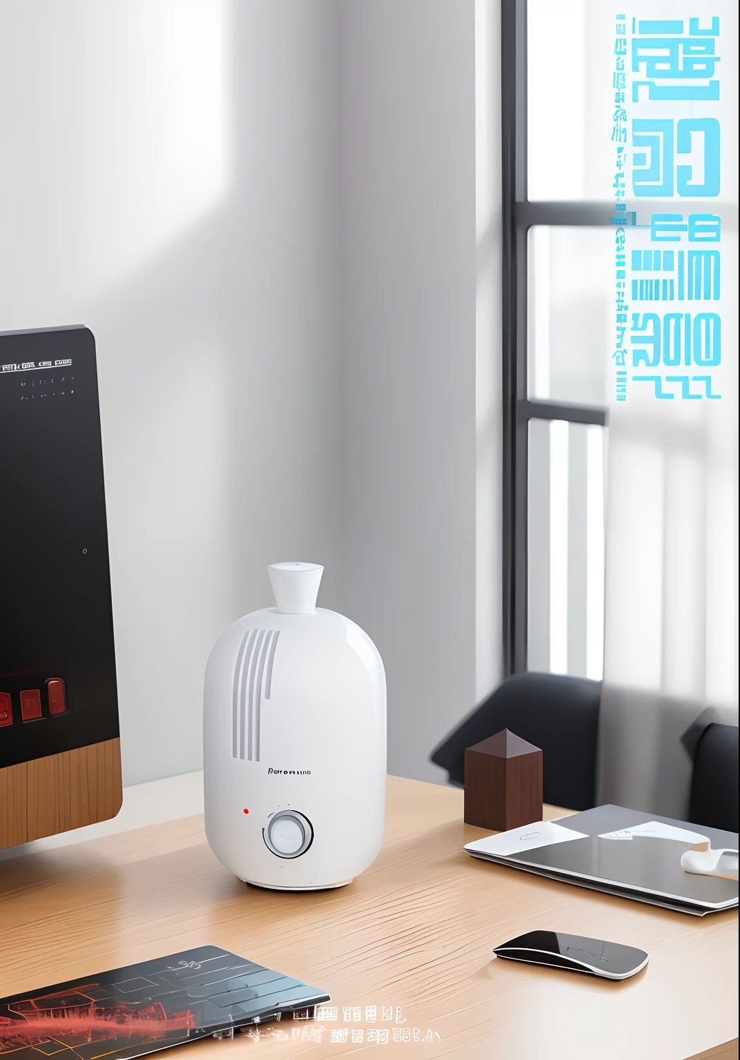 There is a computer and a table top with a humidor on the table, Diffuse, Wang Chen, diffuse magic, product introduction photos, Chiba Yuda, modern minimalist f 2 0 clean, - h 8 5 0 - w 6 0 0, White color, diffuse light
