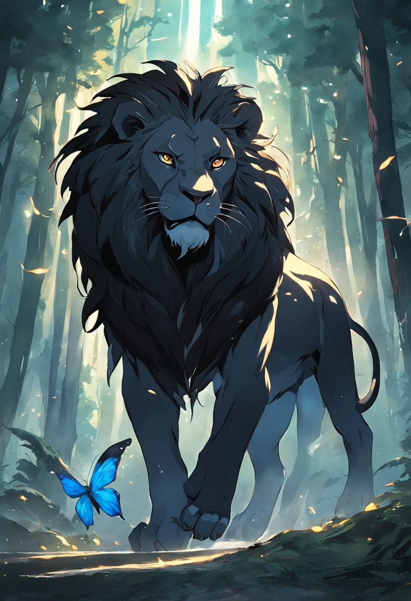 "Enchanting black lion with glowing spears, surrounded by a mystical forest, shadows cast an aura of darkness, creating a striking contrast. A swarm of radiant butterflies gracefully dance around the majestic lion."