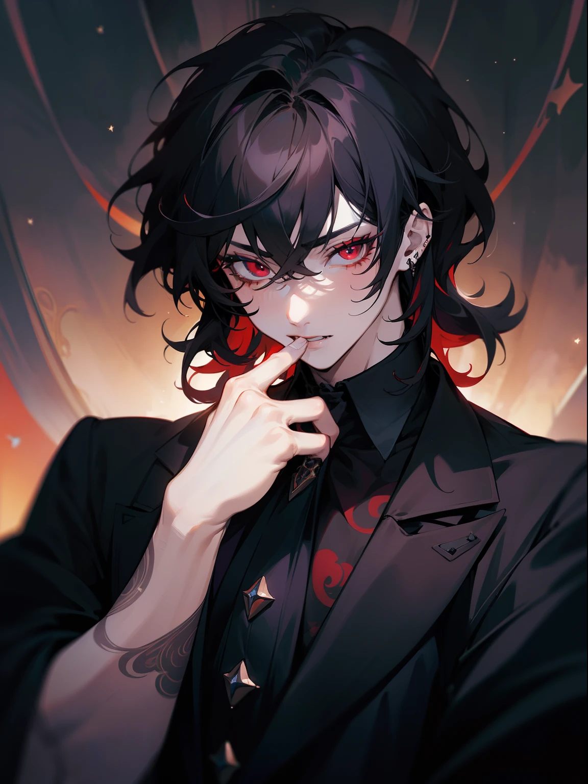 (masterpiece, best quality), intricate details, 8k, sharp focus, (best quality) (detailed skin:1.3) (intricate details) (8k) (detailed eyes) (anime) male character, wavy hair, mullet, short hair, black hair, red eyes, male, anime male, frontage, lovely boy, perfect face, detailed eyes, bold background, detailed accessories, unique outfit, sharp eyes, male, young man, idol, dark colours, piercings, pale skin, vampire, fangs, defined features, model, Rei Sakuma, Sakuma Rei, gothic, artistic, symbolism, sexy, falling stars, dark clothes, dark room, muscular, cluttered room, indoors, detailed background, bold colours, bold outlines, sharp face, nighttime, night, pose, modelling