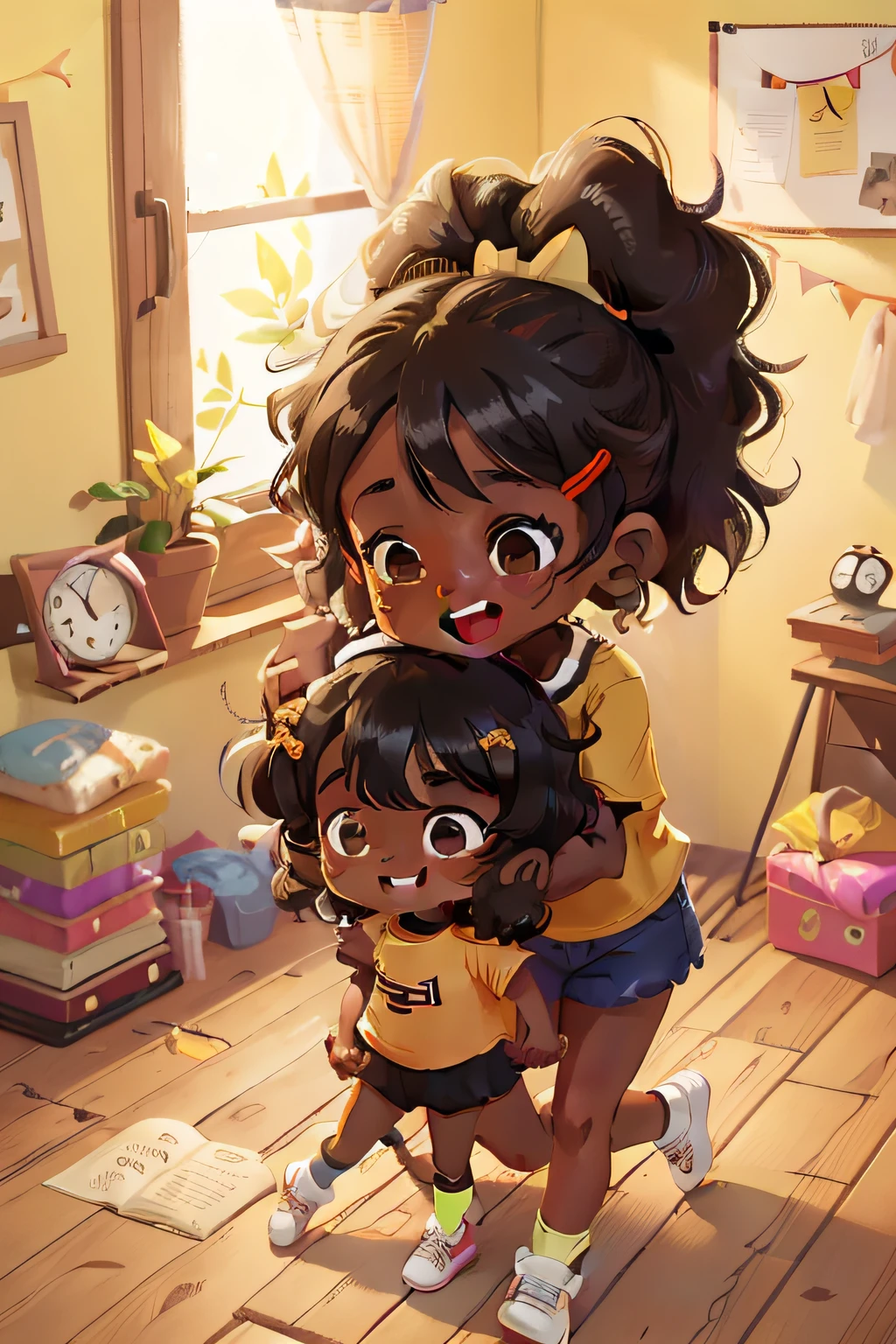 Lucy is a girl, 8 years old, black skin, dark, crisped bad hair, has a bow in her hair, happy and smiling, is wearing yellow shorts, white t-shirt, white sneakers, giving a boy a hug. two 8 year old kids, a black girl and a white boy