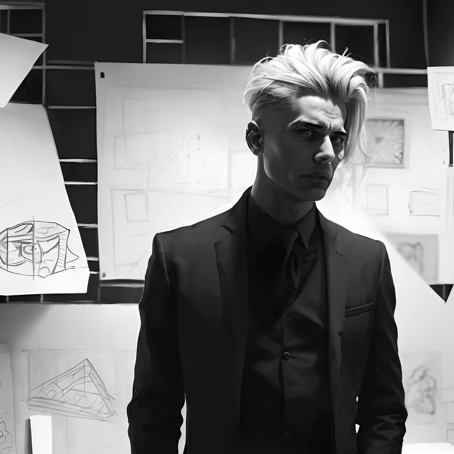 arafed man in a suit standing in front of a wall of drawings, inspired by Nikolaj Abraham Abildgaard, david lynch style, style of jesper ejsing, inspired by Alexander Litovchenko, joel fletcher, inspired by Kristian Kreković, inspired by Adrian Zingg, inspired by Aleksander Gine, ilya kuvishinov style