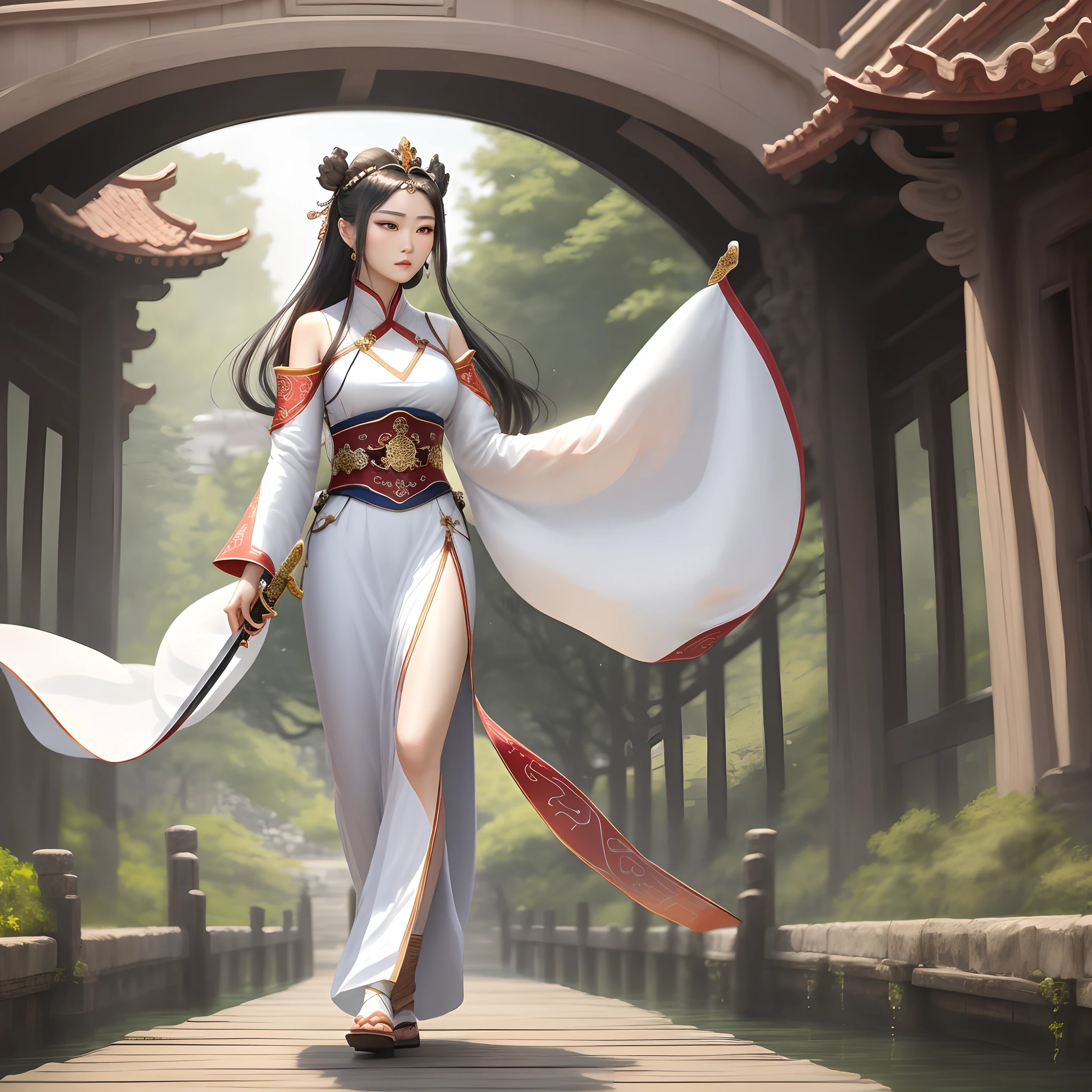 woman in oriental dress holding a sword on a bridge, Royal Palace ， A girl in Hanfu, White Hanfu, a beautiful fantasy empress, full-body xianxia, Inspired by Lan Ying, Beautiful celestial mage, 《genshinimpact》in the clear, flowing magical robe, zhongli from genshin impact, by Yang J, Hanfu, ((a beautiful fantasy empress))