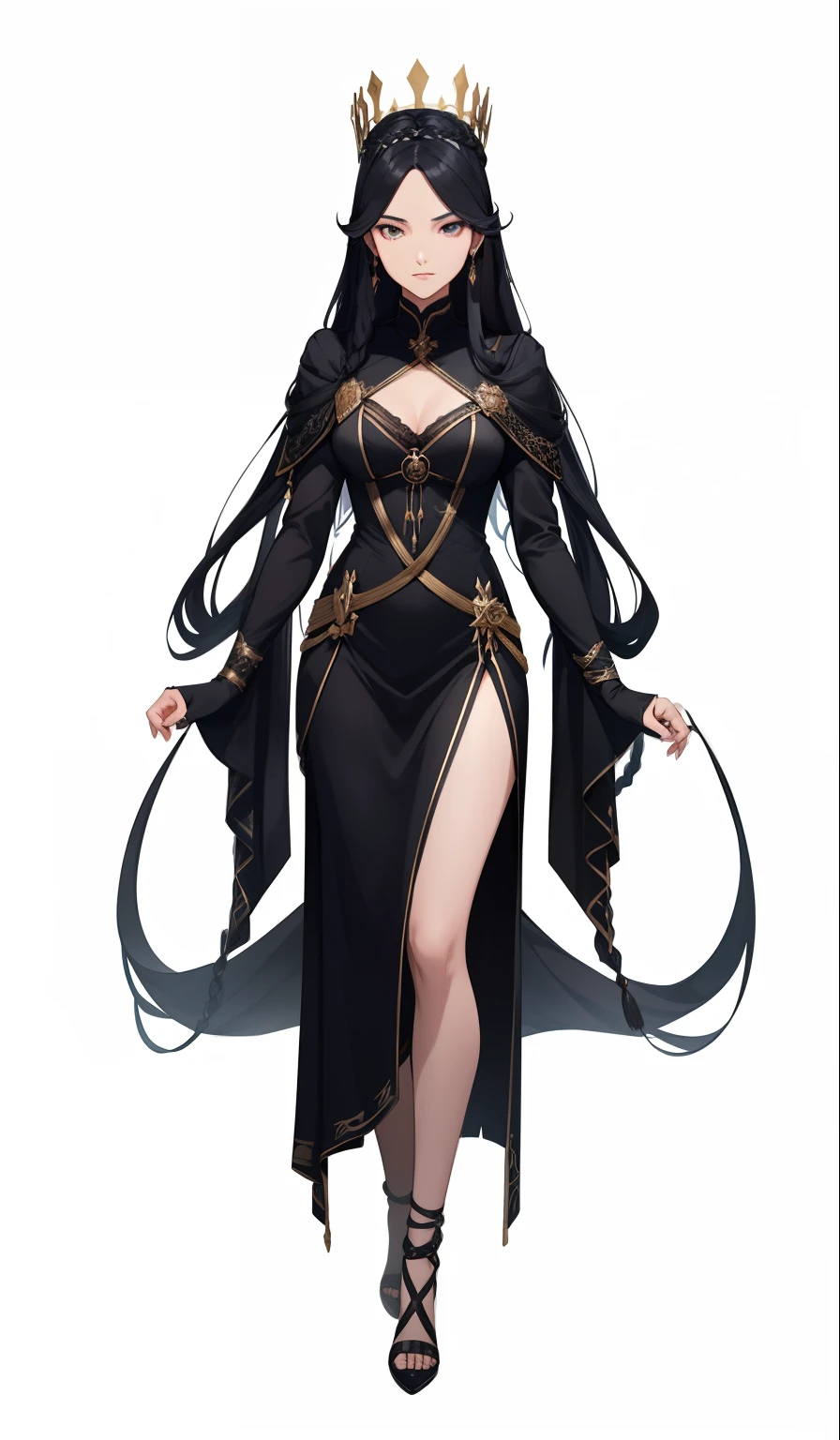 Black Dragon Princess,British dark blue long group,Silk white gloves,Slightly curved long black hair,Dress conservatively,Crown of black thorns,Twist braids,Mature and steady,Complicated clothes,Large area of gold pattern,Silver crown,Elegant,cabelos preto e longos,Small twisted braids
