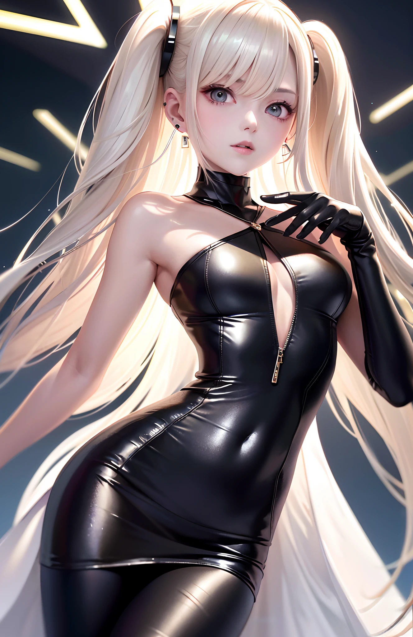 optimum,tmasterpiece,A high resolution,best qualtiy,hyper HD,super detailing,Award-Awarded,16k,独奏,(The upper part of the body),anatomy correct,Beautiful cyberpunk girl,cute face,,Gradient Beige Hair,Hairline,((Scarlet eyes)),long eyelasher,Hanging eye corners,White skin of the,(small boobs),(Slim body),((Women's extra short shawl leather jacket)),((racing_suit)),((High-Low_long skirt)),ear studs,(Neck strap),(Laser material clothing:1.2)