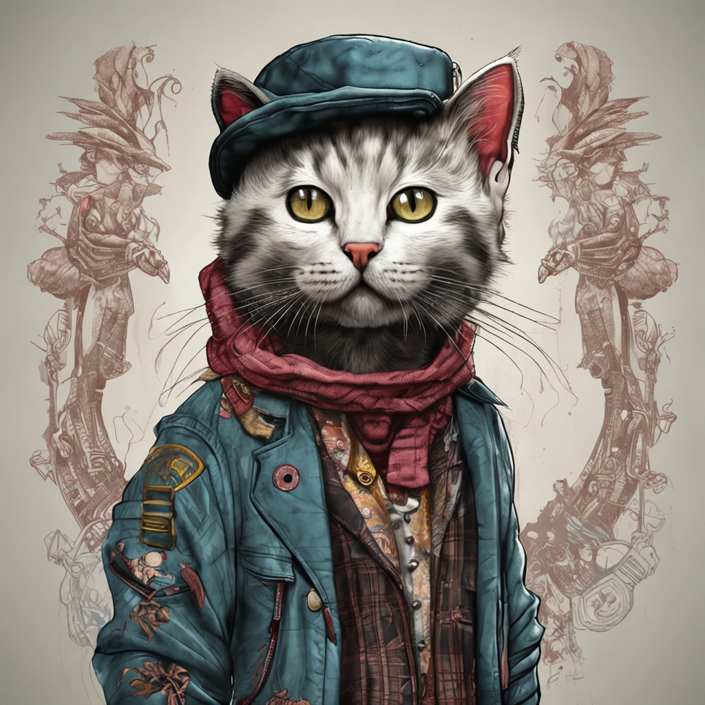 Image of a cat with hat and scarf, Trend in art stations, Vestido com roupas punk, hyper realistic detailed rendering, member of a British band, estilo urbano, pose intimidadora, planeta dos gatos, roupas da moda, samurai urbano, miau, West Slavic features, 8 1 5