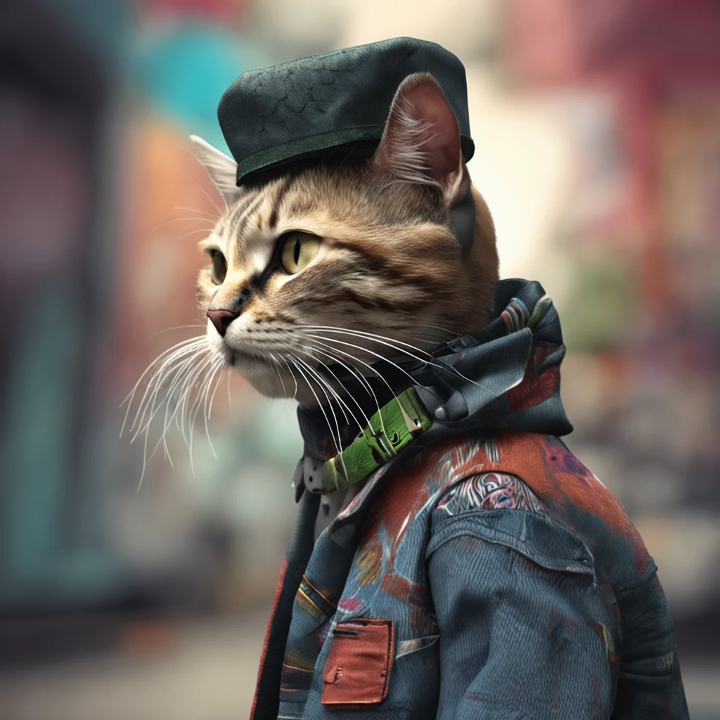 Image of a cat with hat and scarf, Trend in art stations, Vestido com roupas punk, hyper realistic detailed rendering, member of a British band, estilo urbano, pose intimidadora, planeta dos gatos, roupas da moda, samurai urbano, miau, West Slavic features, 8 1 5