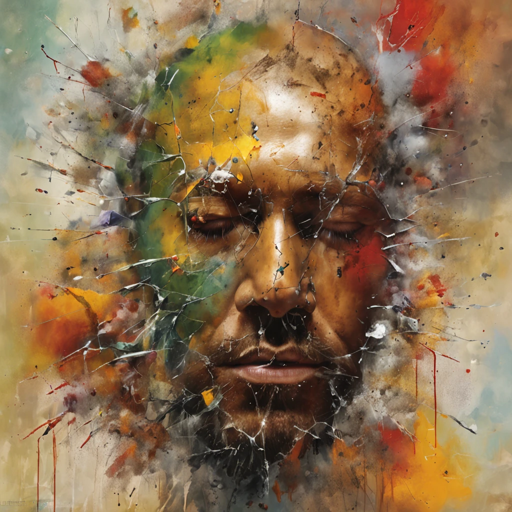 Arafed man with a broken head and broken glass on his face, Ogive explosive, Machine parts embedded in the face, Volatil, inspired by Igor Morski, Dramatic artwork, photomanipulation, Manipulation de photos, Disintegration, headbang until your brain bleeds, explosion of data fragments, tinnitus, official artwork, incredibly high detailed, Photoshop Art, effet de bruit