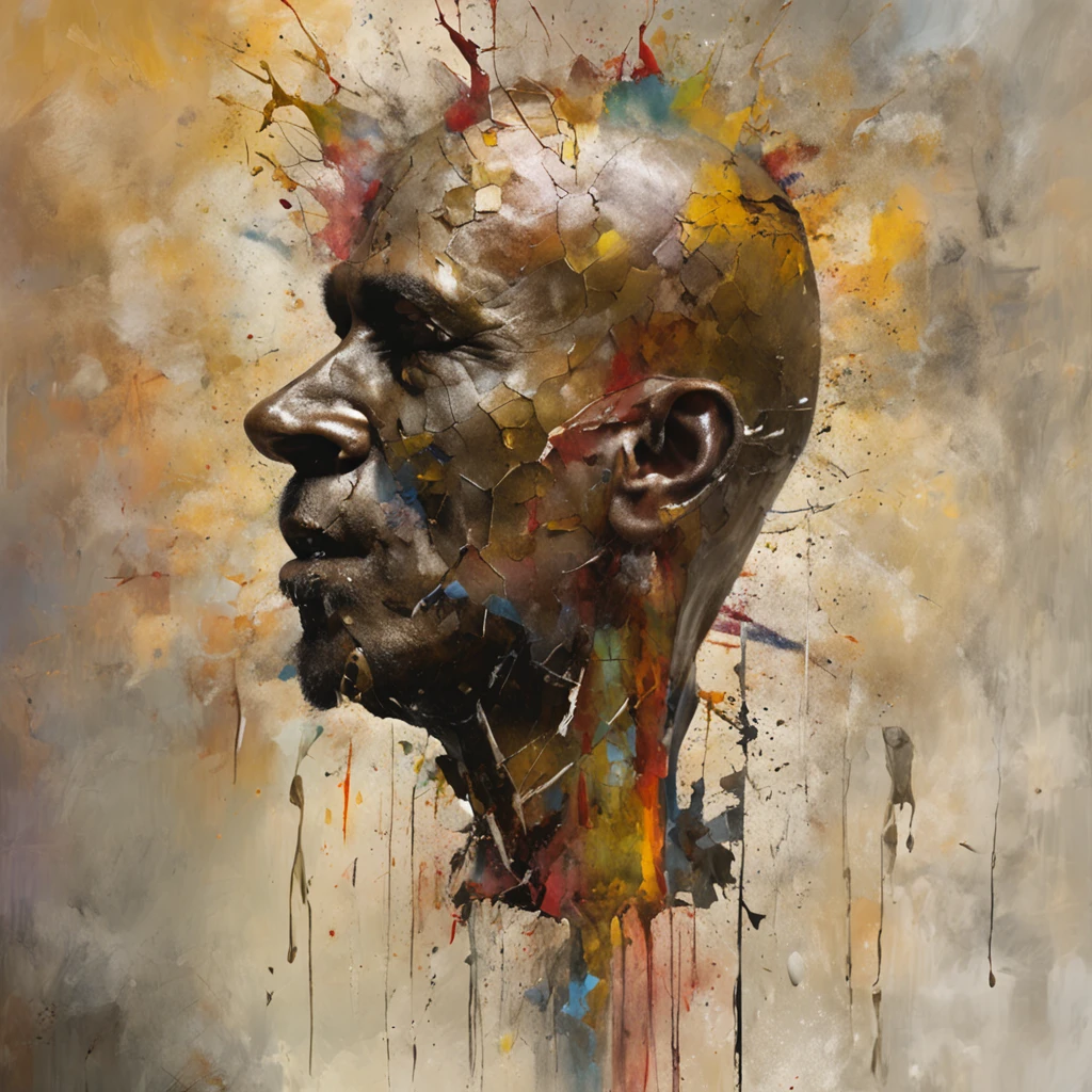 Arafed man with a broken head and broken glass on his face, Ogive explosive, Machine parts embedded in the face, Volatil, inspired by Igor Morski, Dramatic artwork, photomanipulation, Manipulation de photos, Disintegration, headbang until your brain bleeds, explosion of data fragments, tinnitus, official artwork, incredibly high detailed, Photoshop Art, effet de bruit