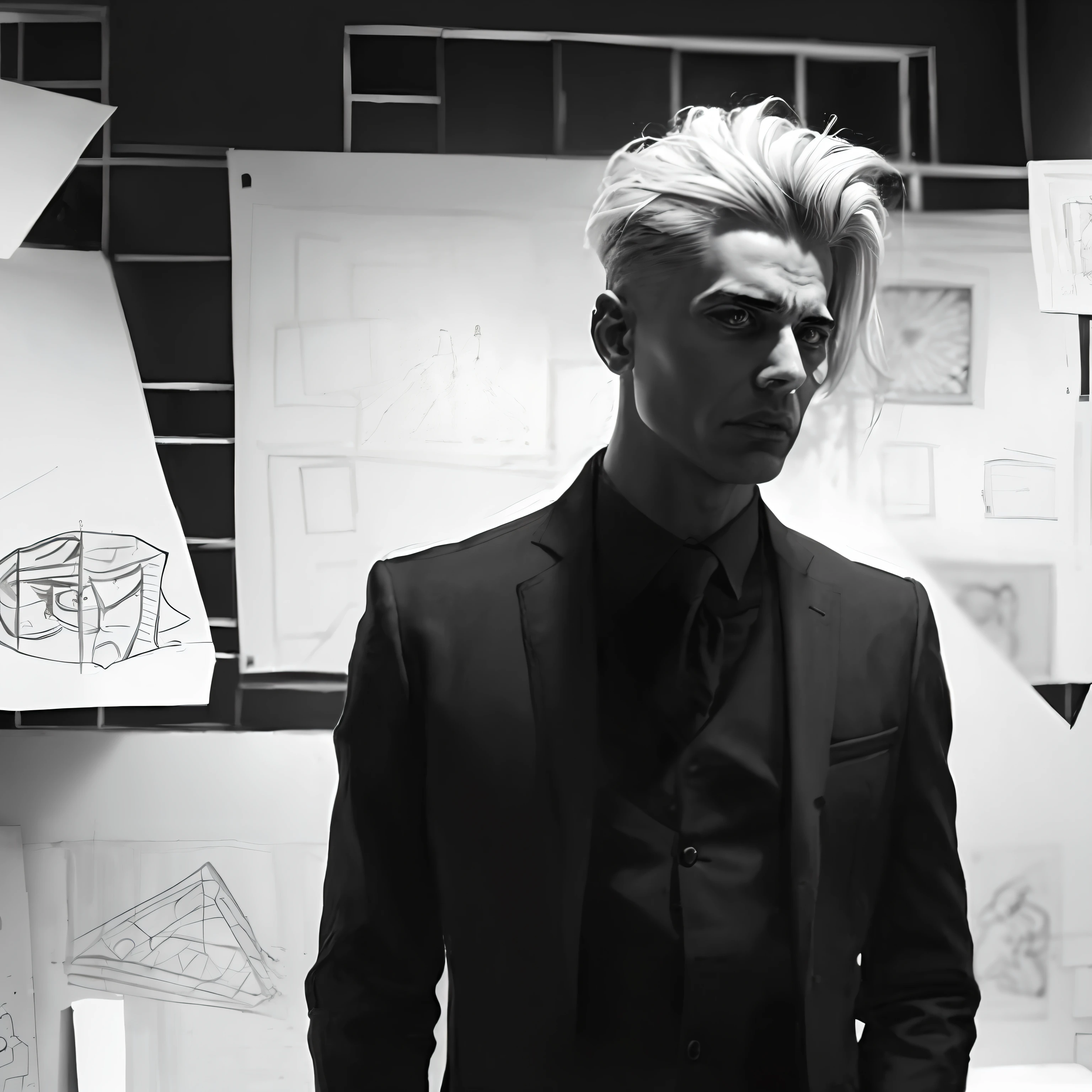 arafed man in a suit standing in front of a wall of drawings, inspired by Nikolaj Abraham Abildgaard, david lynch style, style of jesper ejsing, inspired by Alexander Litovchenko, joel fletcher, inspired by Kristian Kreković, inspired by Adrian Zingg, inspired by Aleksander Gine, ilya kuvishinov style