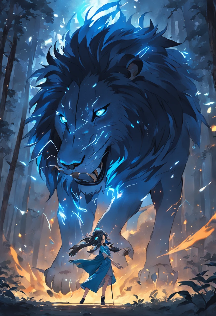 "Enchanting black blue firecy lion with glowing spears, surrounded by a mystical forest, shadows cast an aura of darkness, creating a striking contrast. A swarm of radiant butterflies gracefully dance around the majestic lion."