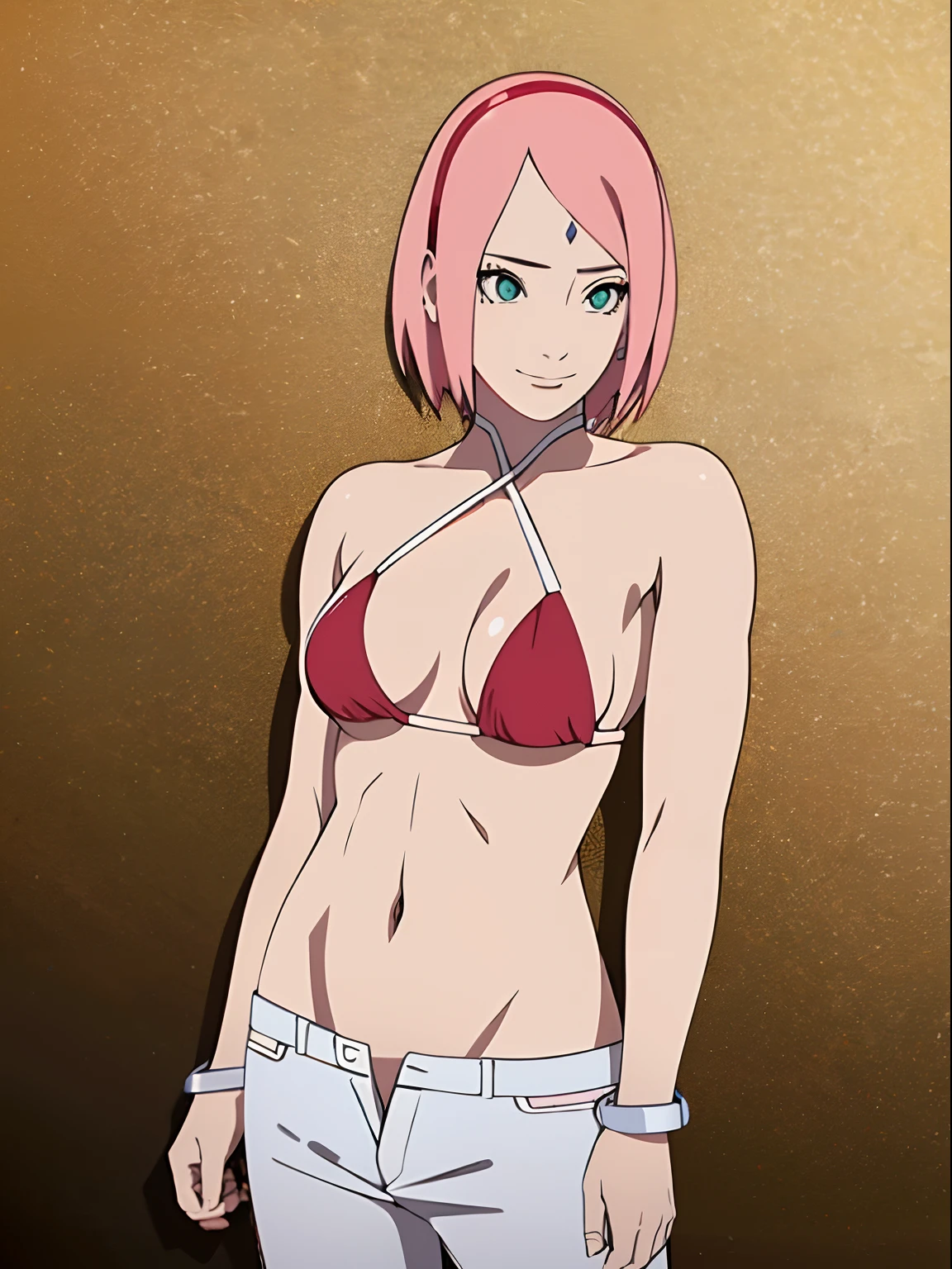 masterpiece, 4k, portrait, cowboy shot, professional artwork, detailed beach background, intricate details, colorful, digital blending, (ultra detailed body, ultra detail hair, ultra detail face), trending on pixiv, kind smile, best quality, anime style: 1.9, 1girl, hires, haruno sakura, (forehead mark, milf, red hairband, pale skin, small breasts, short hair, ((bare neck, red (micro) bikini top, (bikini top only)), white pants), (navel, belly button, bracelet, pink hair, closed mouth, big eyes), smile, beach, wind, floating hair, detailed arms, off-shoulders, broad shoulders, (slightly muscular arms, slightly strong biceps), (dirty armpits, armpit pocket), standing)