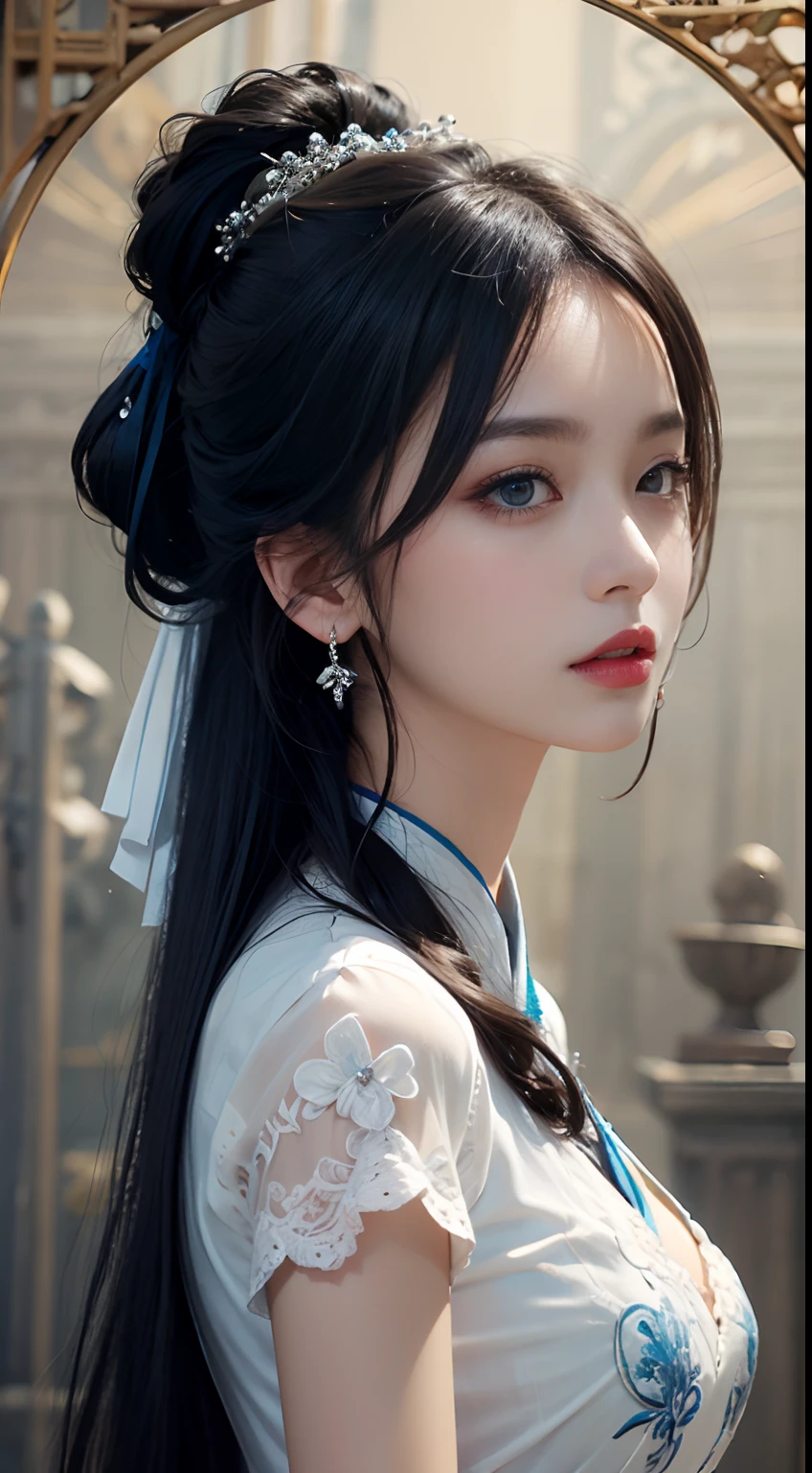 8K Ultra HD, masutepiece, Best Quality, beautiful Girl, Long hair, Impressive hairstyle, Royal Hair Jewelry, Pretty cute face, face perfect, Jewelry Earrings, Antique Jewelry, Eye for detail, Beautiful eyes, meticulous makeup, Thin eyebrows, Beautiful red lips, medium breasts, Dark Blue Mesh Socks, Thin navy blue silk shirt with a lot of white motifs, White lace shirt, Long Platinum Dark Blue Ponytail、Long bangs, Realistic colors, Magic Effects, ancient hanfu background, looking directly at the viewer, Full body capture,