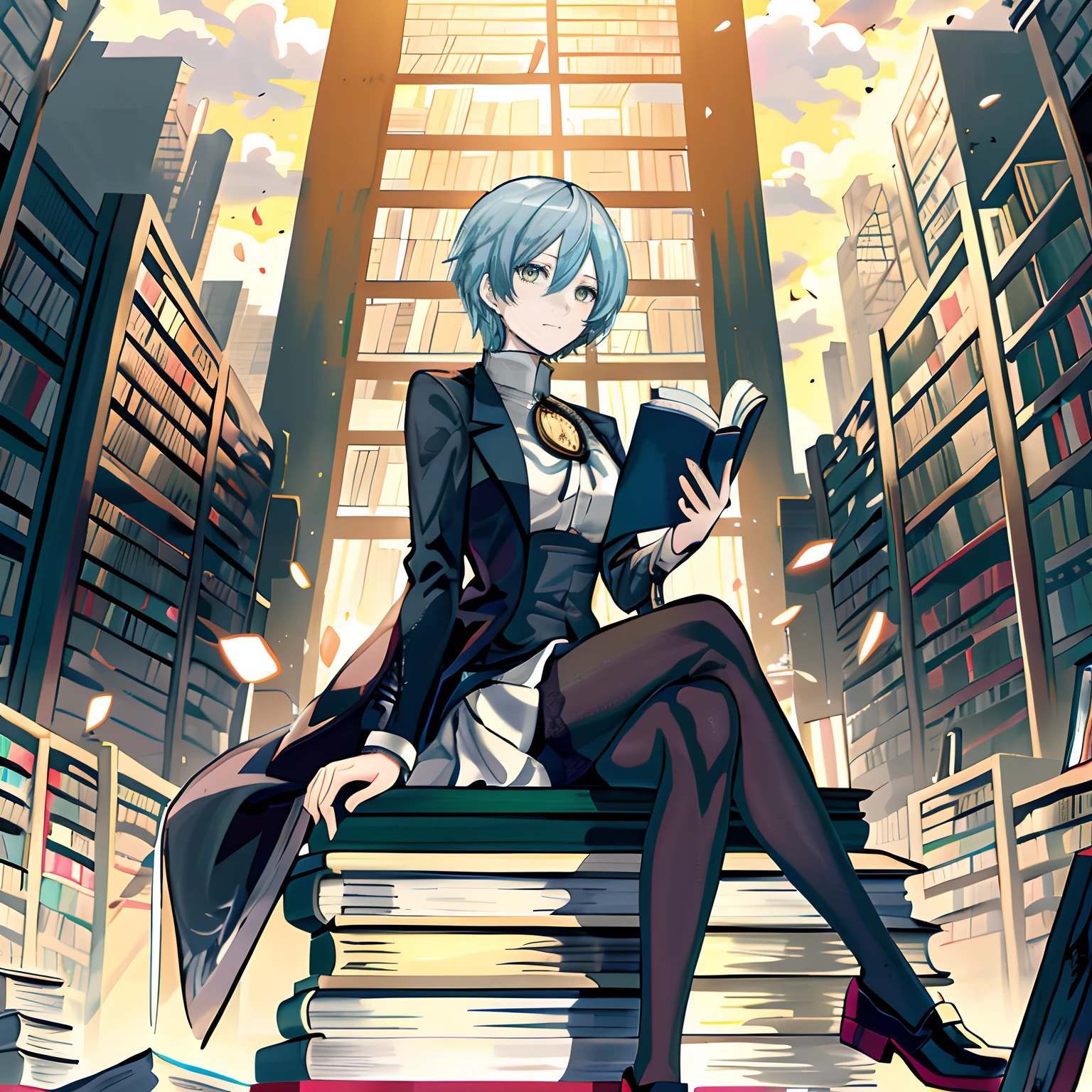 PremiumQuality，tmasterpiece，blonde eyes, light blue short hair,Anime girl in black pantyhose and blue booties sitting in the middle of stacked books in the library, Reading, anime key visual of elegant, Best anime 4k konachan wallpaper, Angela, 2 b, From the Library of Ruins, Ruins Library CG, alchemist library background, fate grand order, offcial art, Ruined library style, inspired by Li Chevalier, The destroyed library world，The seed of the light emitted