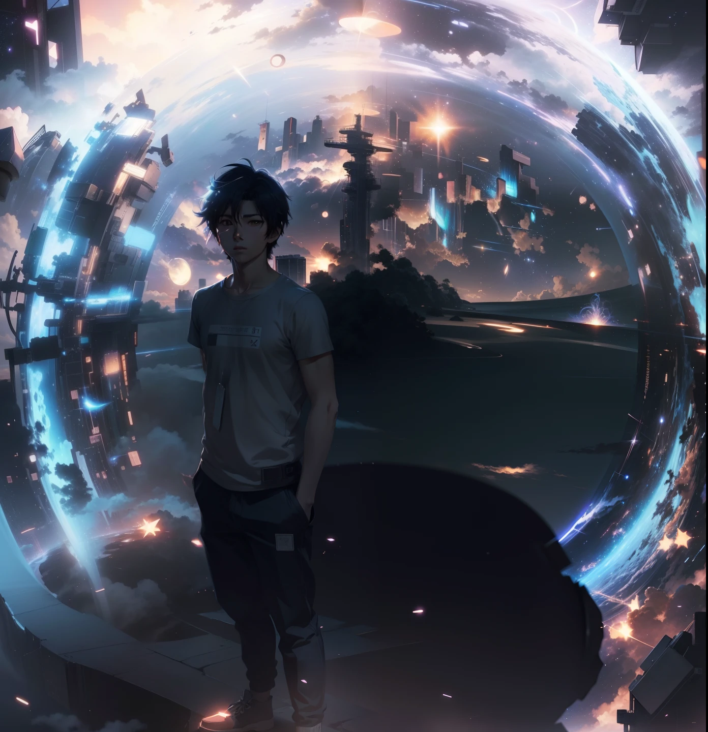 anime - style scene of a beautiful sky with a star, by makoto shinkai, anime art wallpaper 4k, anime art wallpaper 4 k, anime art wallpaper 8 k, anime wallpaper 4k, anime wallpaper 4 k, 4k anime wallpaper, anime sky, amazing wallpaper, anime background, heaven planet in background, anime background art, standing young man, black hair, white shirt, black jeans, hundreds of stars forming a circle.