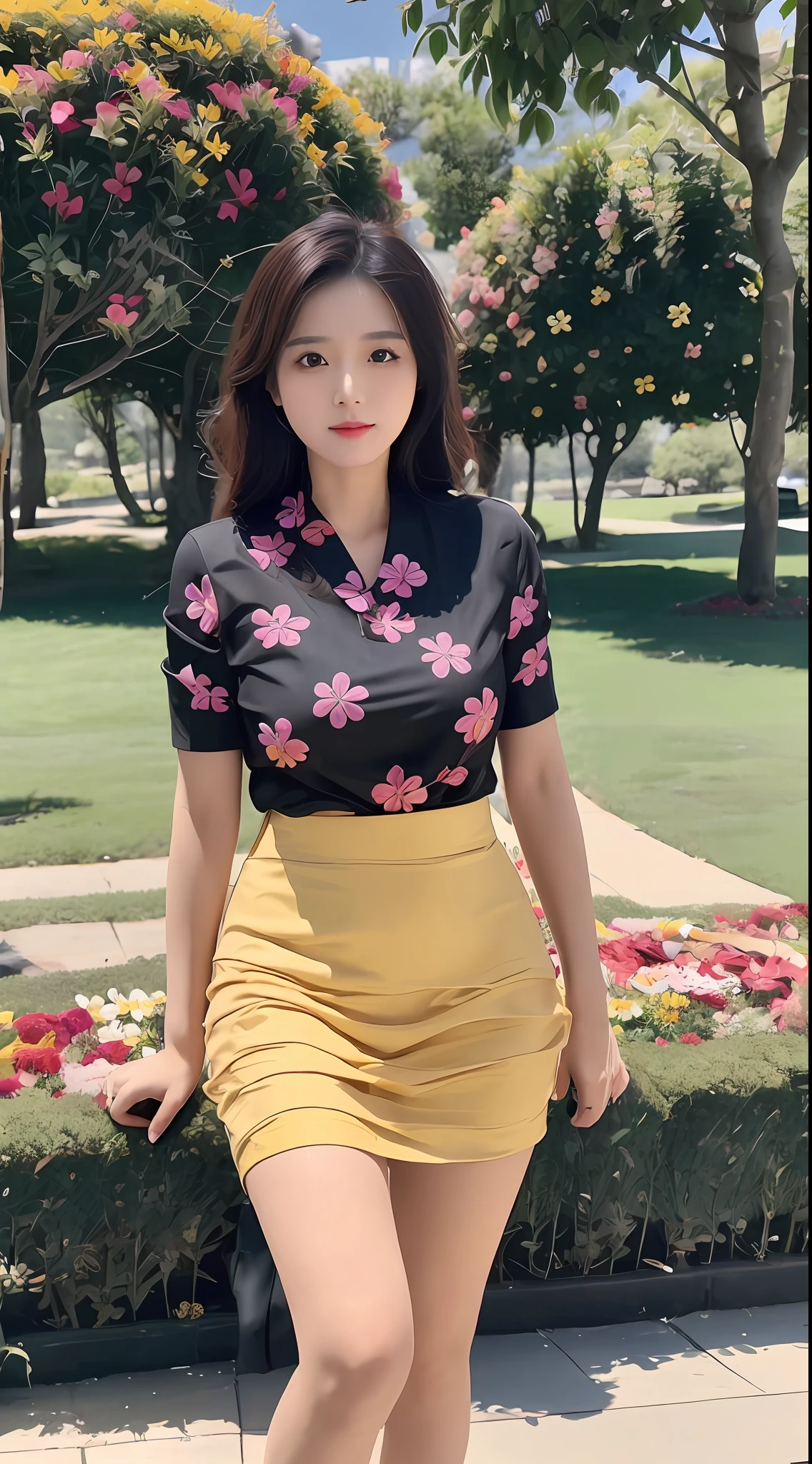 a close up of a woman in a skirt posing for a picture, wearing yellow floral blouse, Stylish, Cute woman, korean women's fashion model, Gorgeous lady, beautiful Korean women, Chinese girl, bautiful, Official, Cheongsam, gorgeous chinese models, taken in 2 0 2 0, With flowers, Chinese woman, shaxi, Korean woman