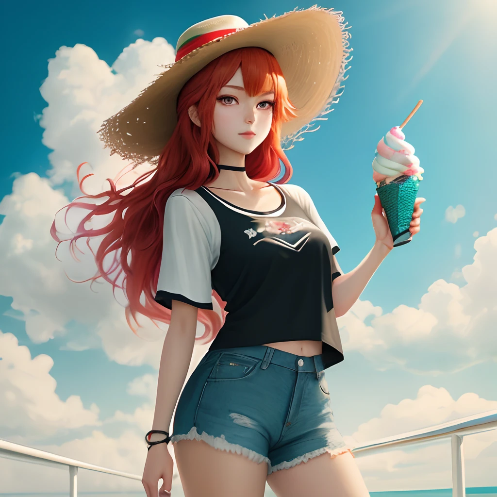 "Create an image of an anime girl with red hair in a relaxed style, wearing a wide-brimmed hat and holding a colorful ice cream.”