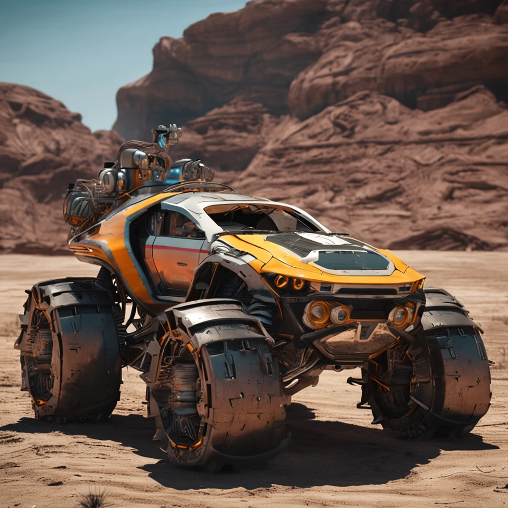 carro monstro , futurista em um ambiente apocaliptico e desertico