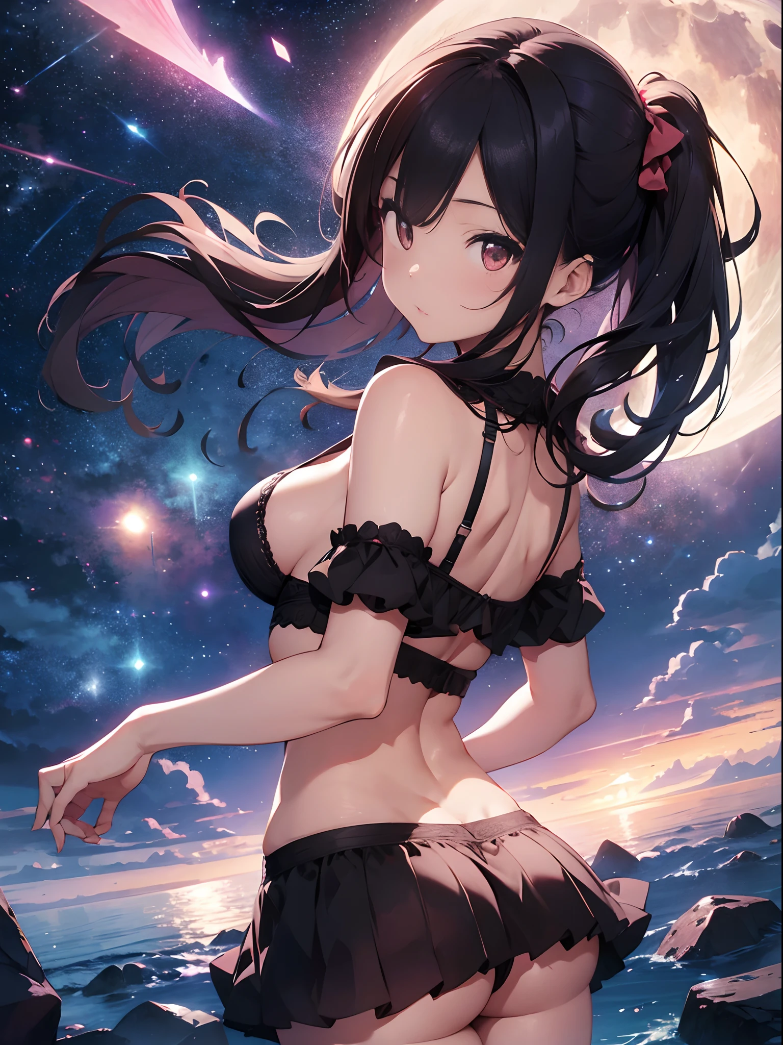 Female buttocks facing the screen、Backward perspective、A dark-haired、pink seduction background、A sexy、Busty body、a closeup、Erotic Lingerie、top-quality、Red face、8K、moonlights、superclear、Full of charm、​masterpiece、high detailing、beatiful backgrounds、Detailed drawing、