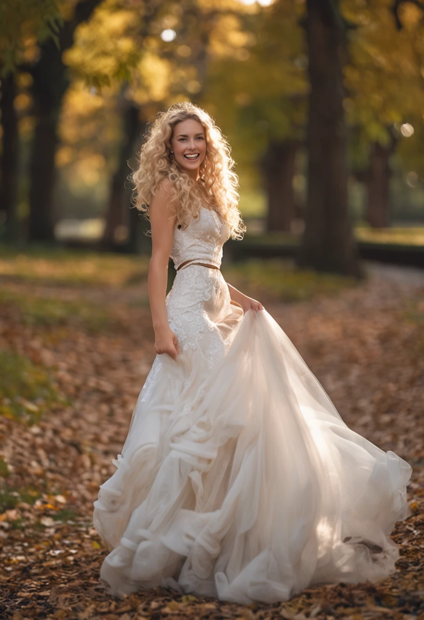 "Young blonde woman with curly blonde hair, grand sourire, grosse poitrine, Flawless face, perfection, An elegant woman in a beautiful wedding dress, Detailed model, brumeux, Man who accompanies elegant, sexy, beau sourire, en costume, 300mm, f/2.8, 4k, plan large portrait, Park background, volumeric lighting, photographie artistique mains parfaites, visage parfait, corps parfait avec courbes."