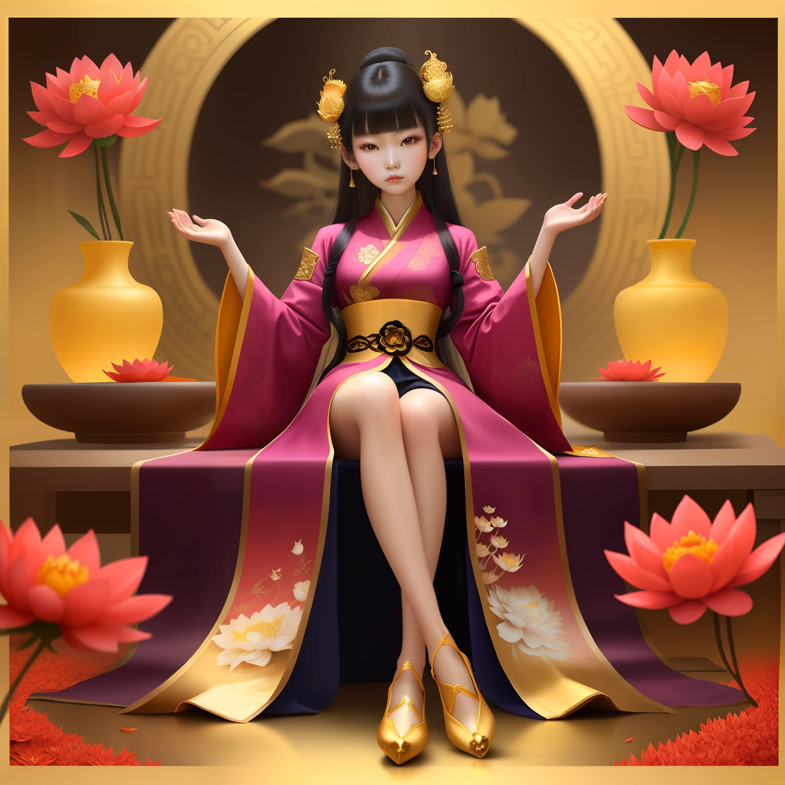 Beautiful oriental girl，Three-inch golden lotus shoes