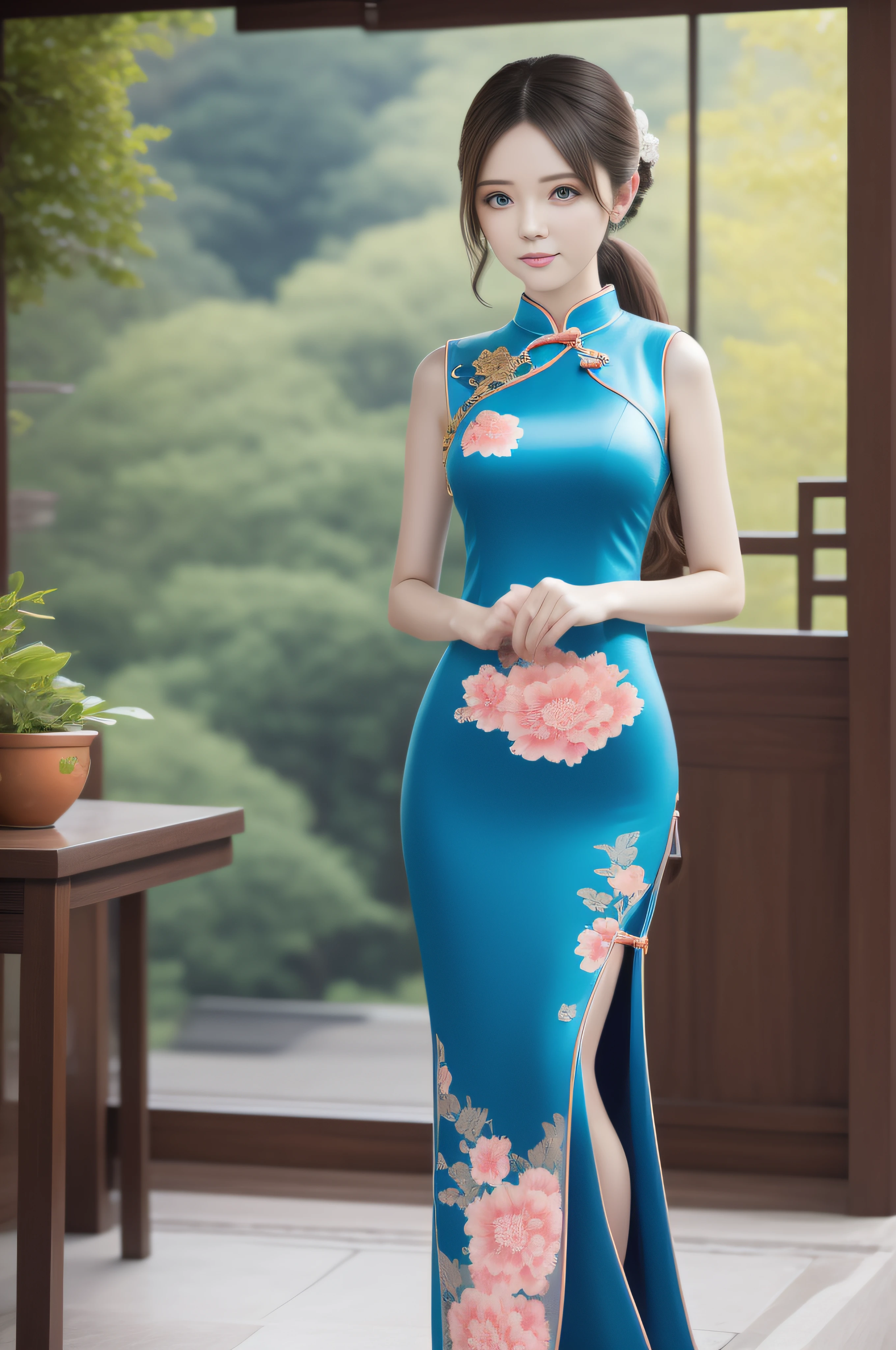 on cheongsam,full body shot shot,Beautiful girl