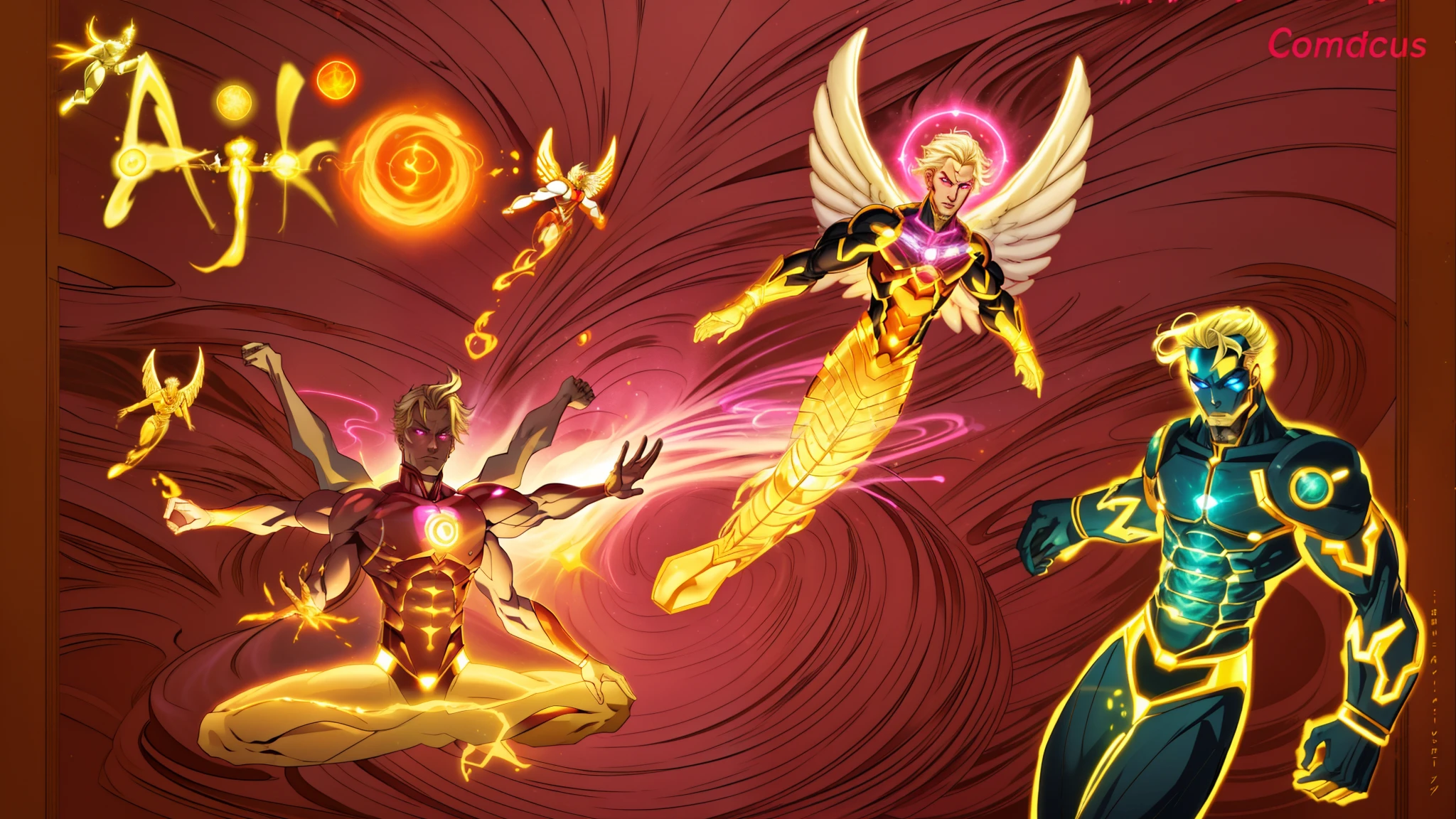 There are three different images of men with different poses, A man with 6 arms and blonde hair and pink eyes, sem roupa e musculoso sarado, some cosmic angels, energetic beings patrolling, inspirado em Hiromu Arakawa, arte de fundo, Energy Dynamic Pose, poder auras, Potencializando a Aura, an epic anime of a energy man, energia do toro, seres solares, Transhumanist Dance, inspired by Mœbius, 8k, ultra realista