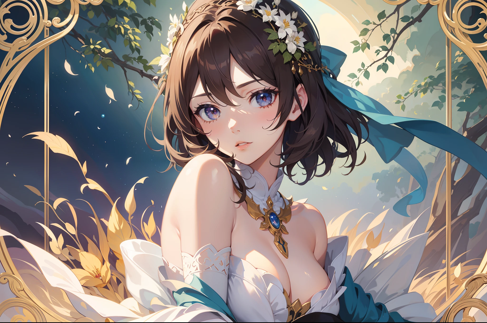 Official Art, Masterpiece European female face,elvish, short hair, lightbrown hair , brown eyes , Flower Frame ,Decorative panel , jugendstil , (​masterpiece、top-quality、hight resolution: 1.4),in 8K, Drawing of a woman with short lightbrown hair, Anime Art Nouveau, highly detailed exquisite fanart, anime fantasy illustration, clean detailed anime art, detailed anime art, Sharp Focus, Delicate Beautiful Hair and Eyes and Face, realisitic, ultra-detailliert, a beauty girl