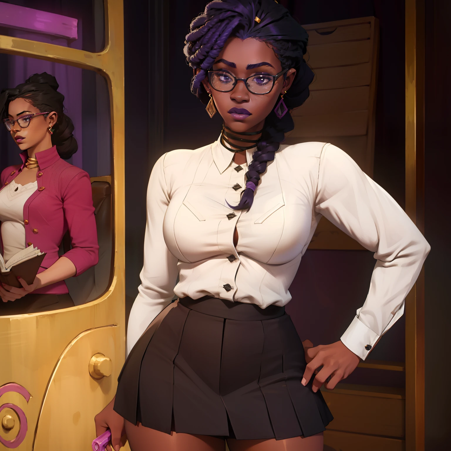 (masterpiece), (best quality), (high res) Solo, (perfect anatomy), (young girl ((10 years old)), ((((dark skin)))), (((curly purple hair))), (((shoulder length)))), red eyes, round eyeglasses, ((skin tight office outfit), (red skin tight high heels boots), (skin tight shirt), (super skin tight skirt), angry, ((((flat chest)))), in a futuristic setting with a red light, cyberpunk, best anime 4k, in a office department, doing paperwork