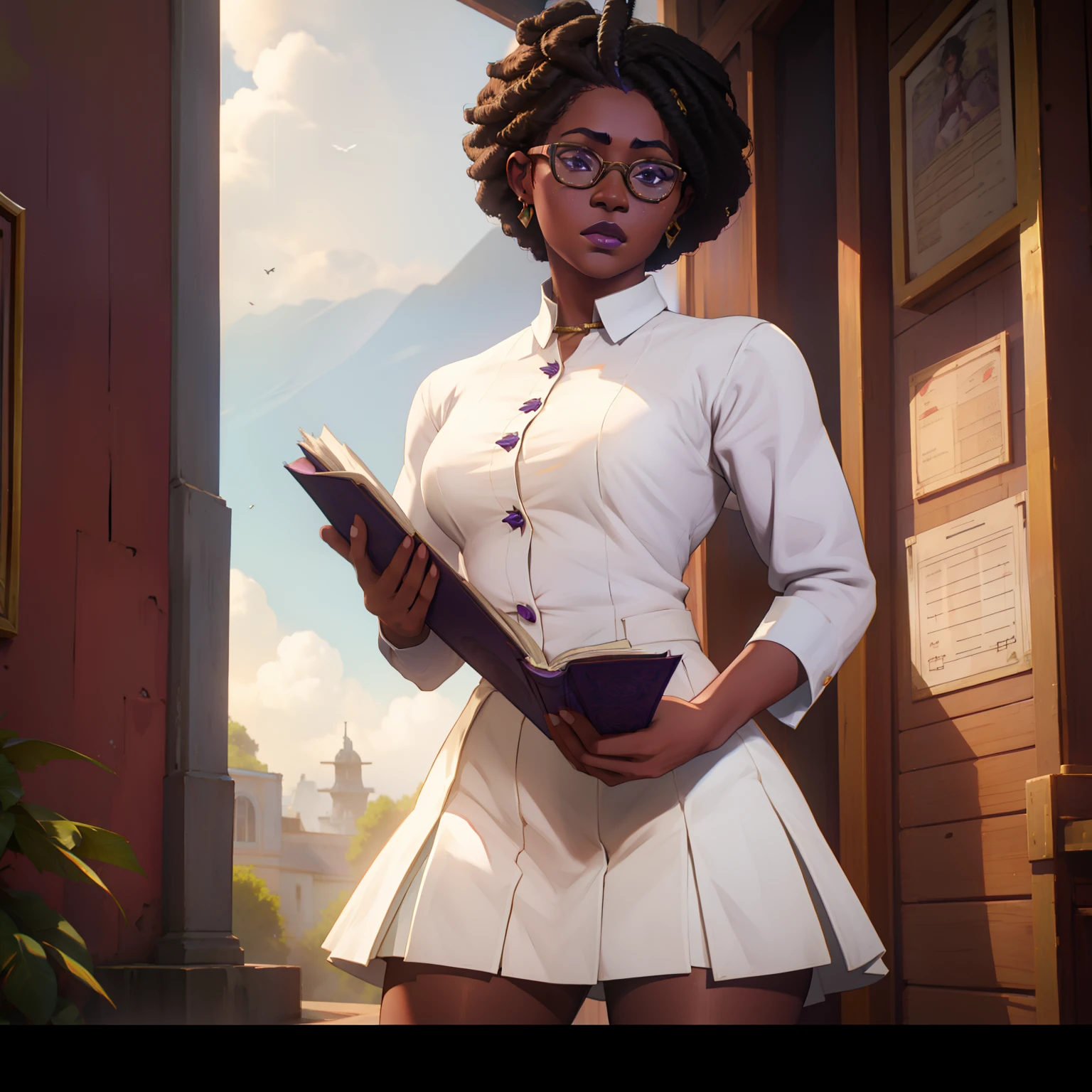African gorgeous female, wearing white formal shirt, short tiny skirt, big boos showing through formal shirt, reading glasses, Purple braided Afro hairstyle,