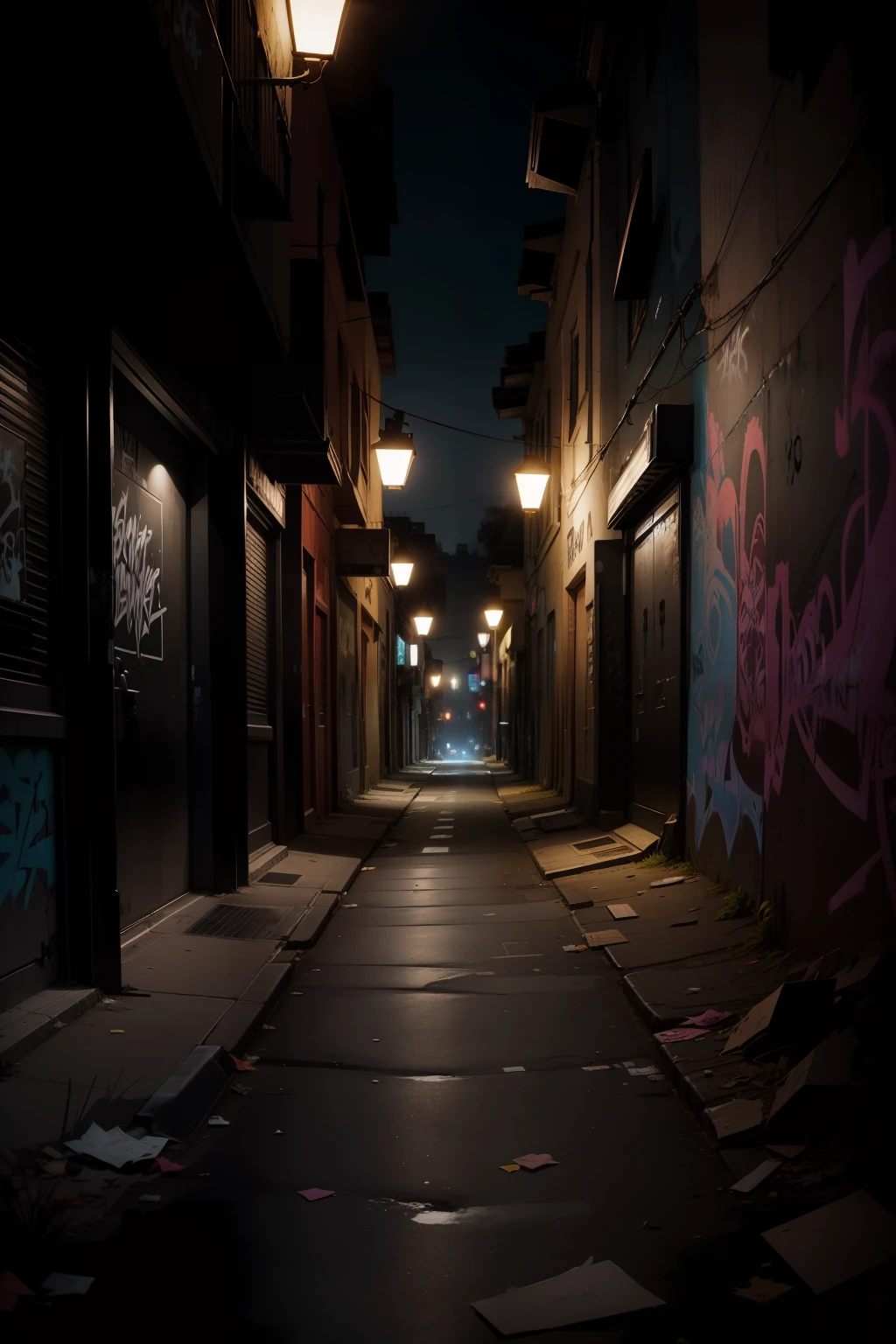 dark night, graffiti, abandon urban street, street photography