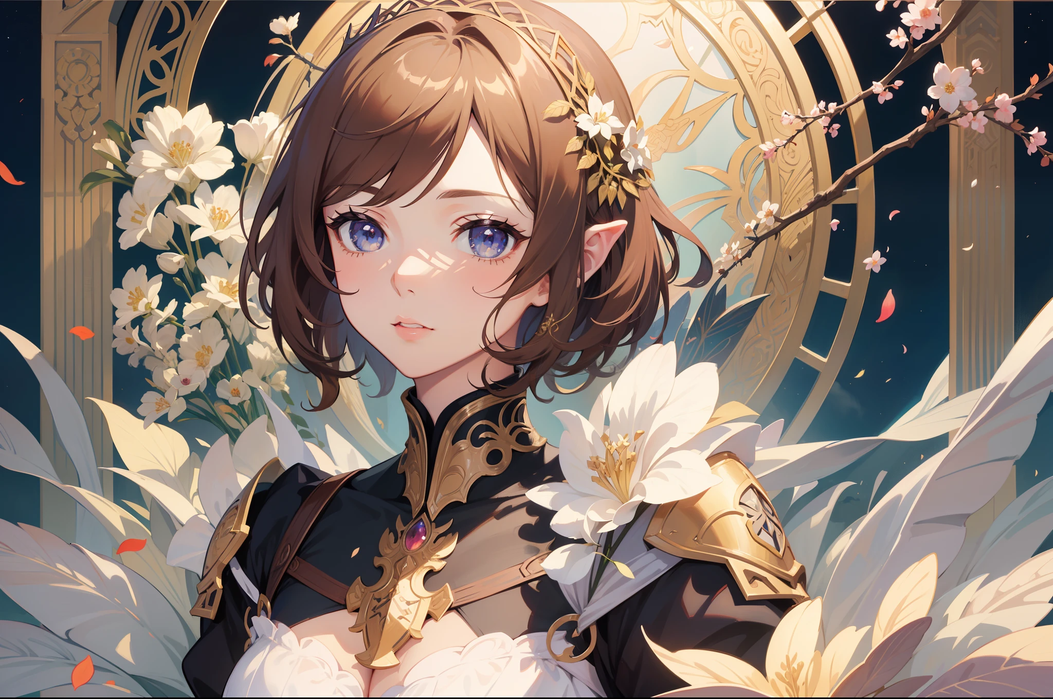 Official Art, Masterpiece European female face,elvish, short hair, lightbrown hair , brown eyes , Flower Frame ,Decorative panel , jugendstil , (​masterpiece、top-quality、hight resolution: 1.4),in 8K, Drawing of a woman with short lightbrown hair, Anime Art Nouveau, highly detailed exquisite fanart, anime fantasy illustration, clean detailed anime art, detailed anime art, Sharp Focus, Delicate Beautiful Hair and Eyes and Face, realisitic, ultra-detailliert, a beauty girl