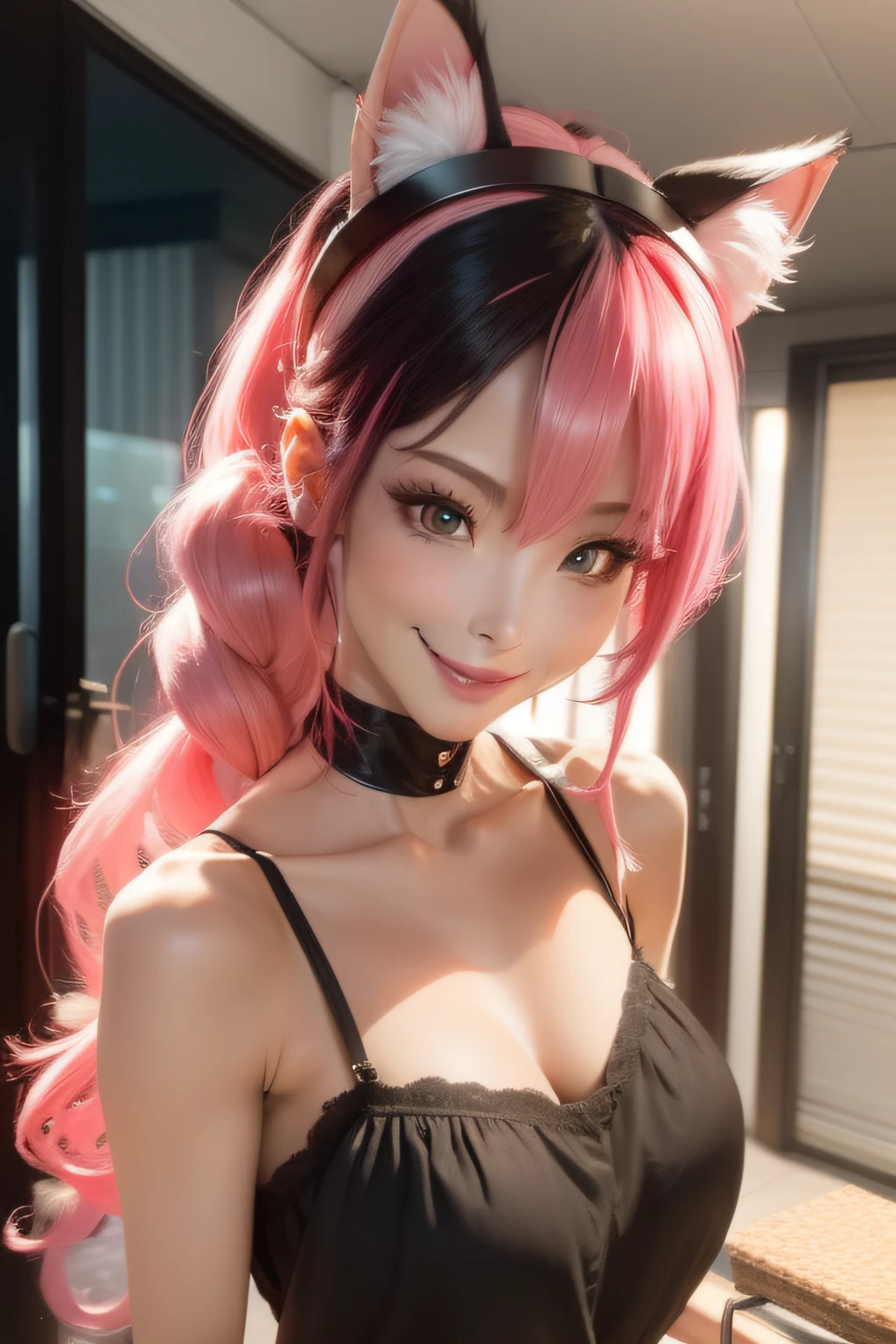 black hair, hair bobbles, wince, longeyelashes, solid circle eyes, fake animal ears, light smile, ear blush, fang, pink hair, pink hair, long hair, ponytail, mouth mask, wide-eyed, cat ears, seductive smile, puckered lips, full blush, torogao, endured face, Surrealism, drop shadow, anaglyph, stereogram, tachi-e, pov, atmospheric perspective, Tonalism, 8k, super detail, ccurate, best quality