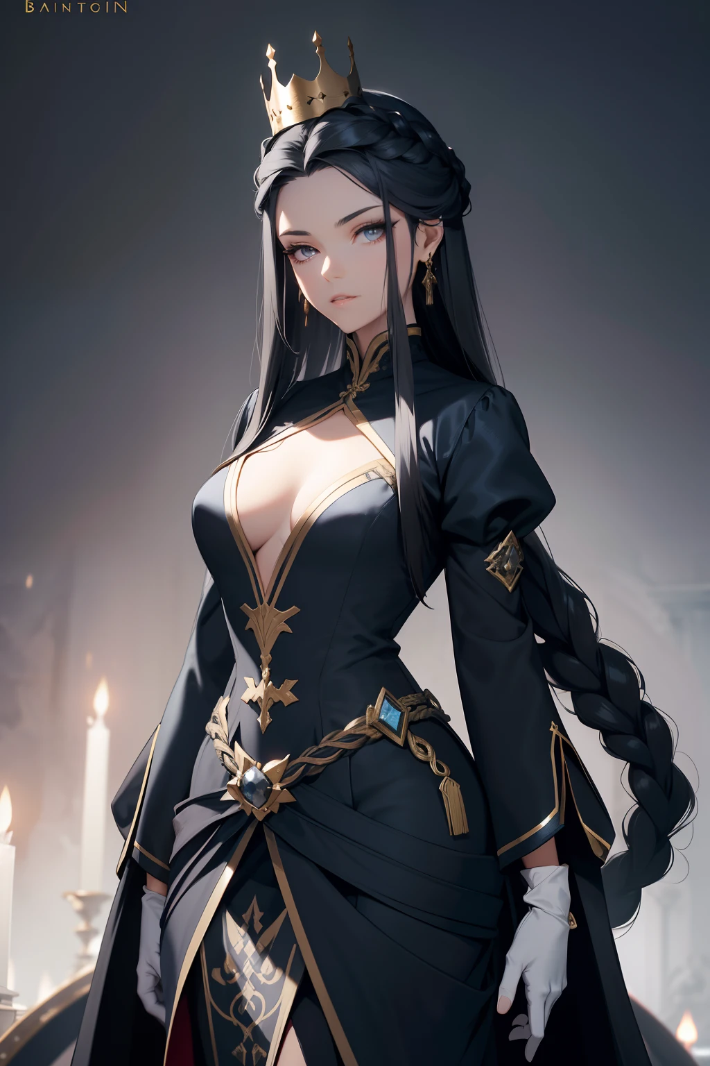 Dragon Princess,British dark blue long group,Silk white gloves,Slightly curved long black hair,Dress conservatively,Crown of black thorns,Twist braids,Mature and steady,Complicated clothes,Large area of gold pattern,Silver crown,Elegant,cabelos preto e longos,Small twisted braids,The skin is gray and gray