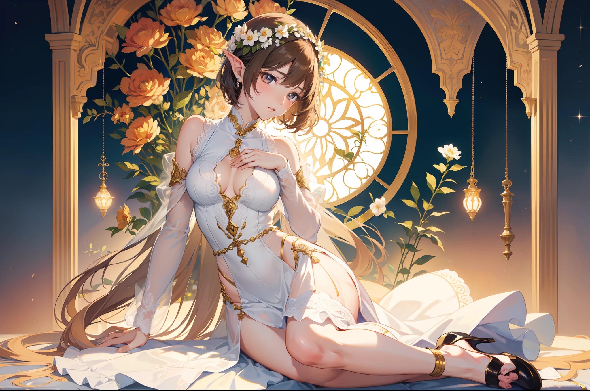 Official Art, Masterpiece European female face,elvish, short hair, lightbrown hair , brown eyes , Flower Frame ,Decorative panel , jugendstil , (​masterpiece、top-quality、hight resolution: 1.4),in 8K, Drawing of a woman with short lightbrown hair, Anime Art Nouveau, highly detailed exquisite fanart, anime fantasy illustration, clean detailed anime art, detailed anime art, Sharp Focus, Delicate Beautiful Hair and Eyes and Face, realisitic, ultra-detailliert, a beauty girl