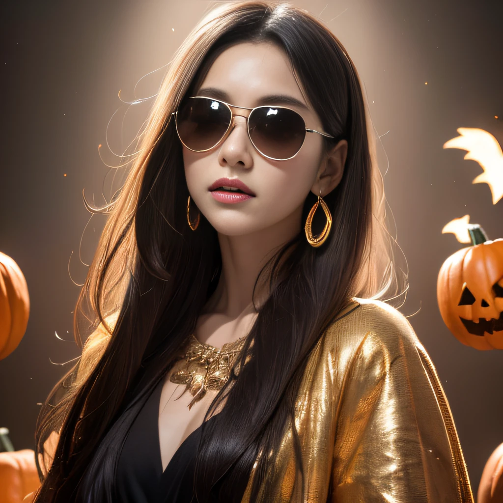 Skeleton Halloween pumpkin style,Wear thick gold-framed reflective sunglasses,32K(tmasterpiece,k hd,hyper HD,32K)Light orange flowing hair,Silver skull jewelry area in the cave,Indigo Skull King ,Skeleton protector (The skeleton is realistic:1.4),Skull pattern robe,Silver skull flower ornaments,Petals flutter,The background of autumn is pure,Hold your head high,Be proud,The nostrils look at people, A high resolution, the detail, RAW photogr, Sharp Re, Nikon D850 Film Stock Photo by Jefferies Lee 4 Kodak Portra 400 Camera F1.6 shots, Rich colors, ultra-realistic vivid textures, Dramatic lighting, Unreal Engine Art Station Trend, cinestir 800,Hold your head high,Be proud,The nostrils look at people,Tsundere,Petals flutter,Petals flutter,Sprinkle with gold dust,Fluttering,Impeccable,( reasonable design, Clear lines, High sharpness,Best quality, Very detailed skeleton, The skeleton of a masterpiece, offcial art, movie light effect, 4K skeleton(((Wear thick gold-framed reflective sunglasses)))