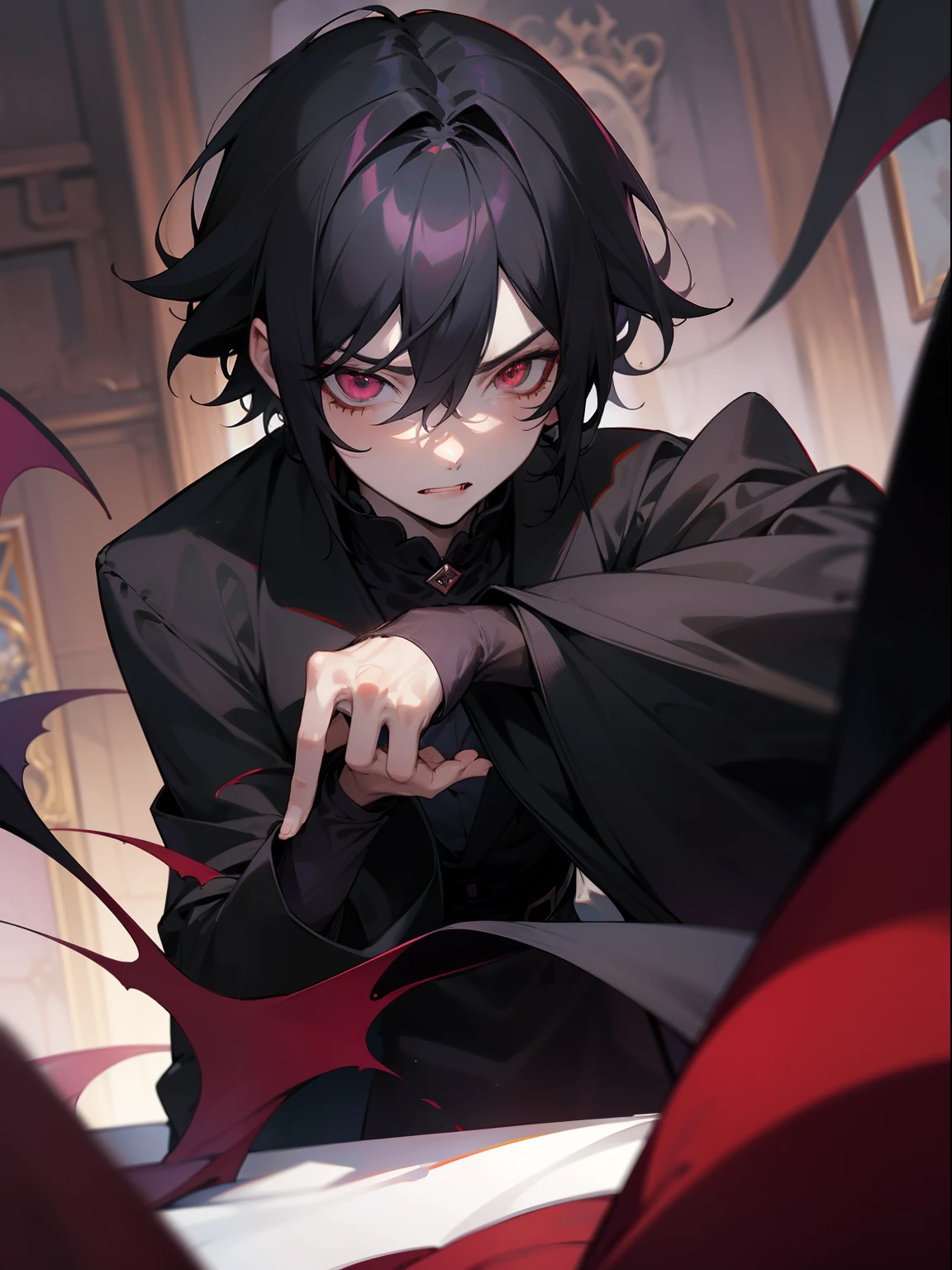 A **** boy, in a black and red suit with a black jacket below ankles, black hair, red eyes