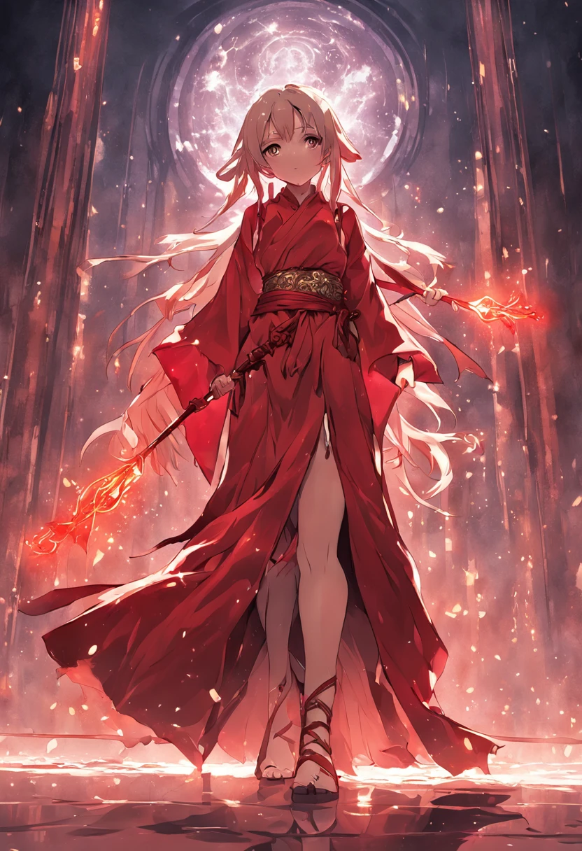 (((workshop))), hiquality, ultra- detailed, Exceptionally beautiful, Sorceress in a red robe, Lots of postures, Front & Rear Detail, Long crystal staff