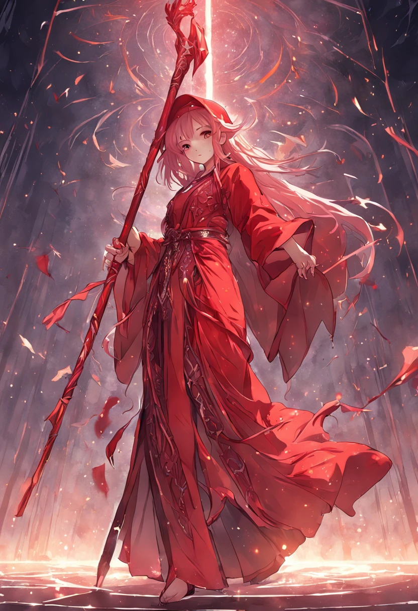 (((workshop))), hiquality, ultra- detailed, Exceptionally beautiful, Sorceress in a red robe, Lots of postures, Front & Rear Detail, Long crystal staff