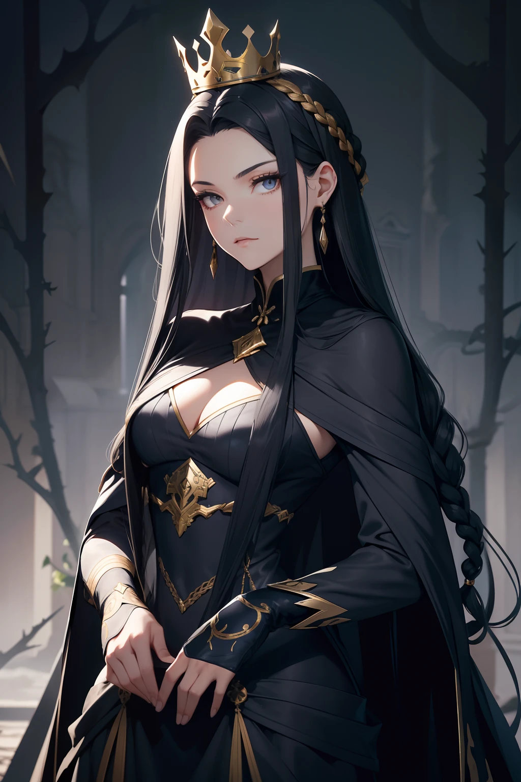 Dragon Princess,British dark blue long group,Silk white gloves,Slightly curved long black hair,Dress conservatively,Crown of black thorns,Twist braids,Mature and steady,Complicated clothes,Large area of gold pattern,Silver crown,Elegant,cabelos preto e longos,Small twisted braids,The skin is gray and gray