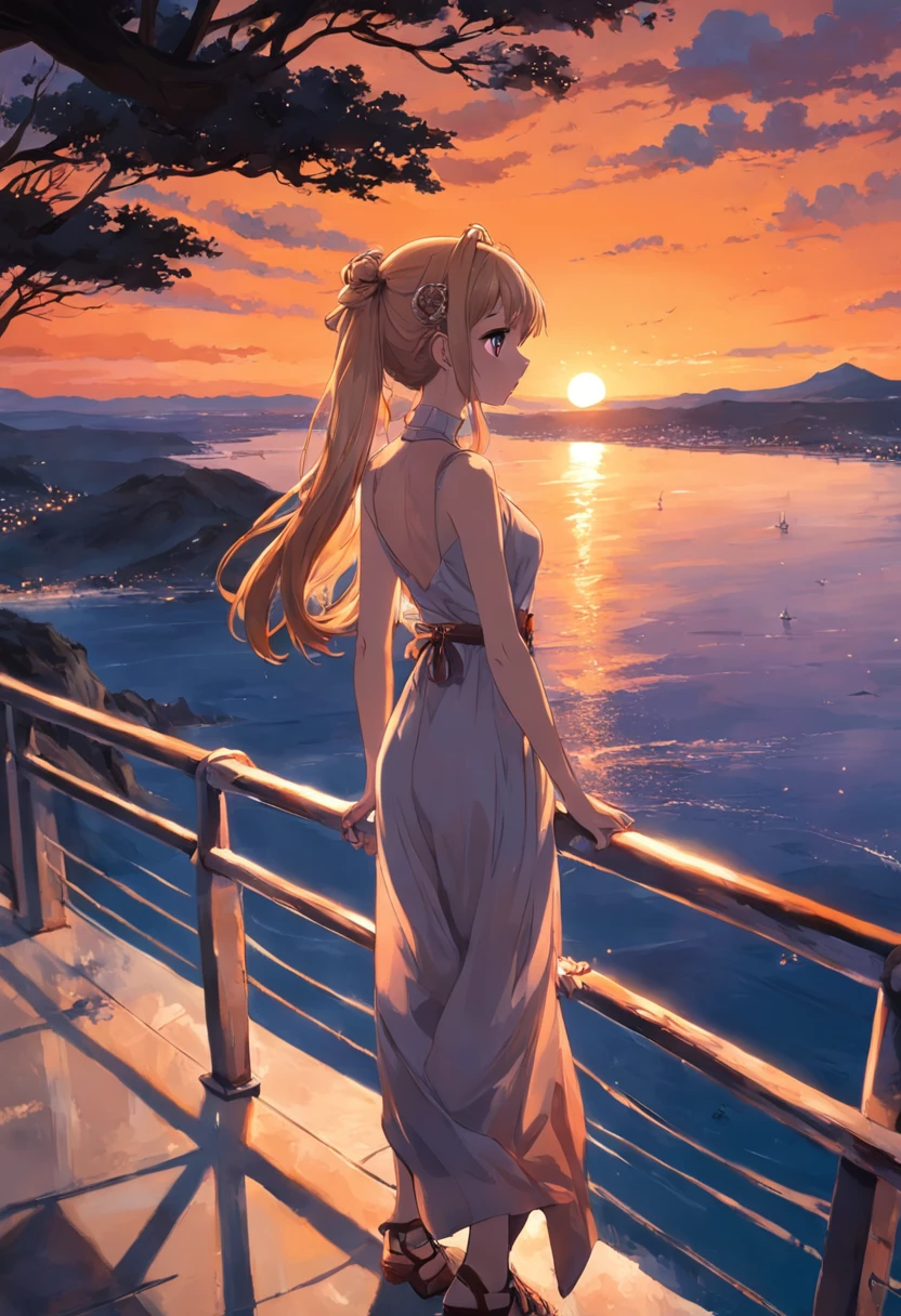 Araffe standing on a railing overlooking a body of water, with sunset, with a sunset, during sunset, at a beautiful sunset, durante a madrugada, looking at sunset, Sunset view, Fotografia tirada em 2 0 2 0, at sunset, night setting, ao nascer do sol, As the sun sets on the horizon, scenic view, com uma mochila