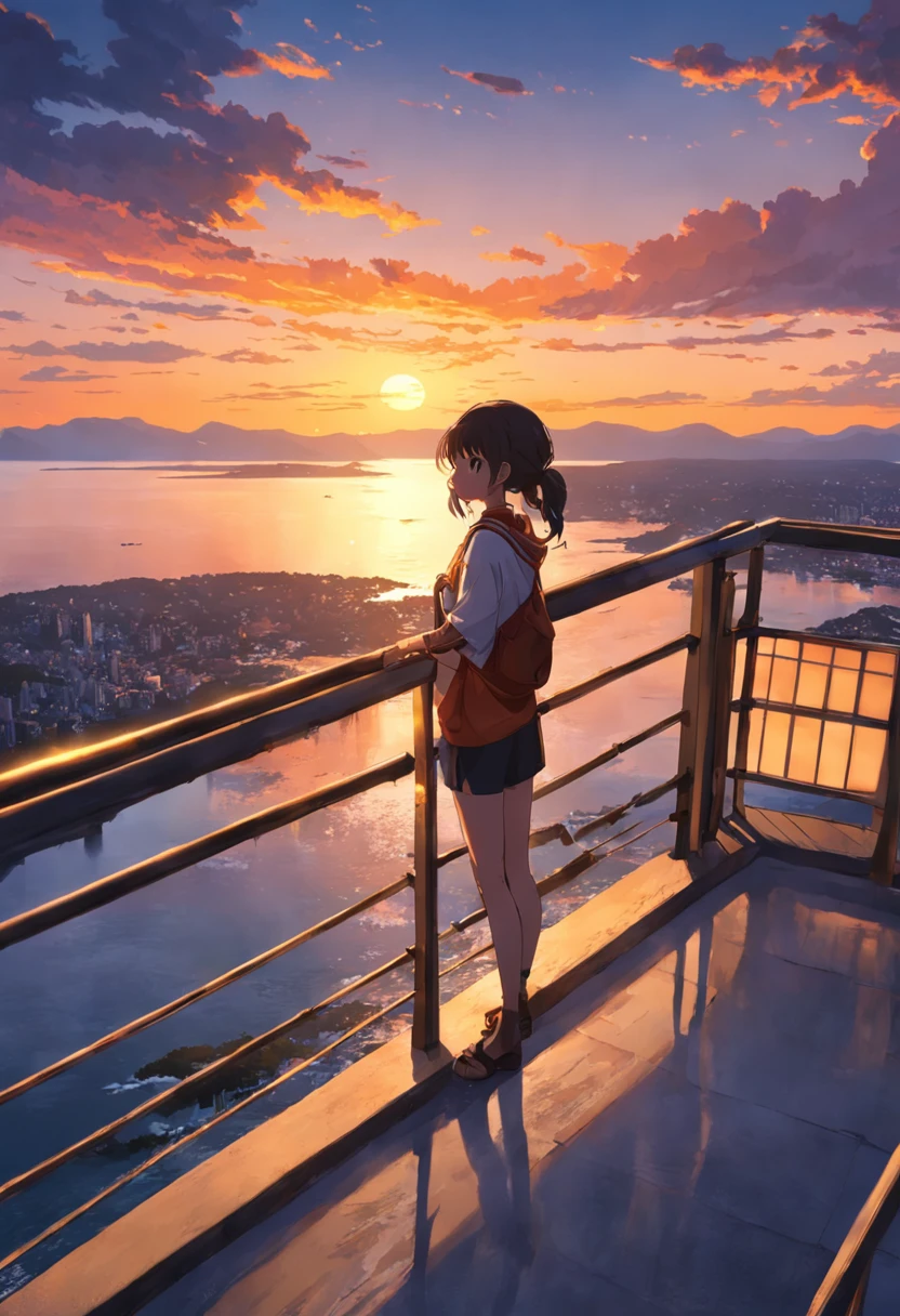 Araffe standing on a railing overlooking a body of water, with sunset, with a sunset, during sunset, at a beautiful sunset, durante a madrugada, looking at sunset, Sunset view, Fotografia tirada em 2 0 2 0, at sunset, night setting, ao nascer do sol, As the sun sets on the horizon, scenic view, com uma mochila